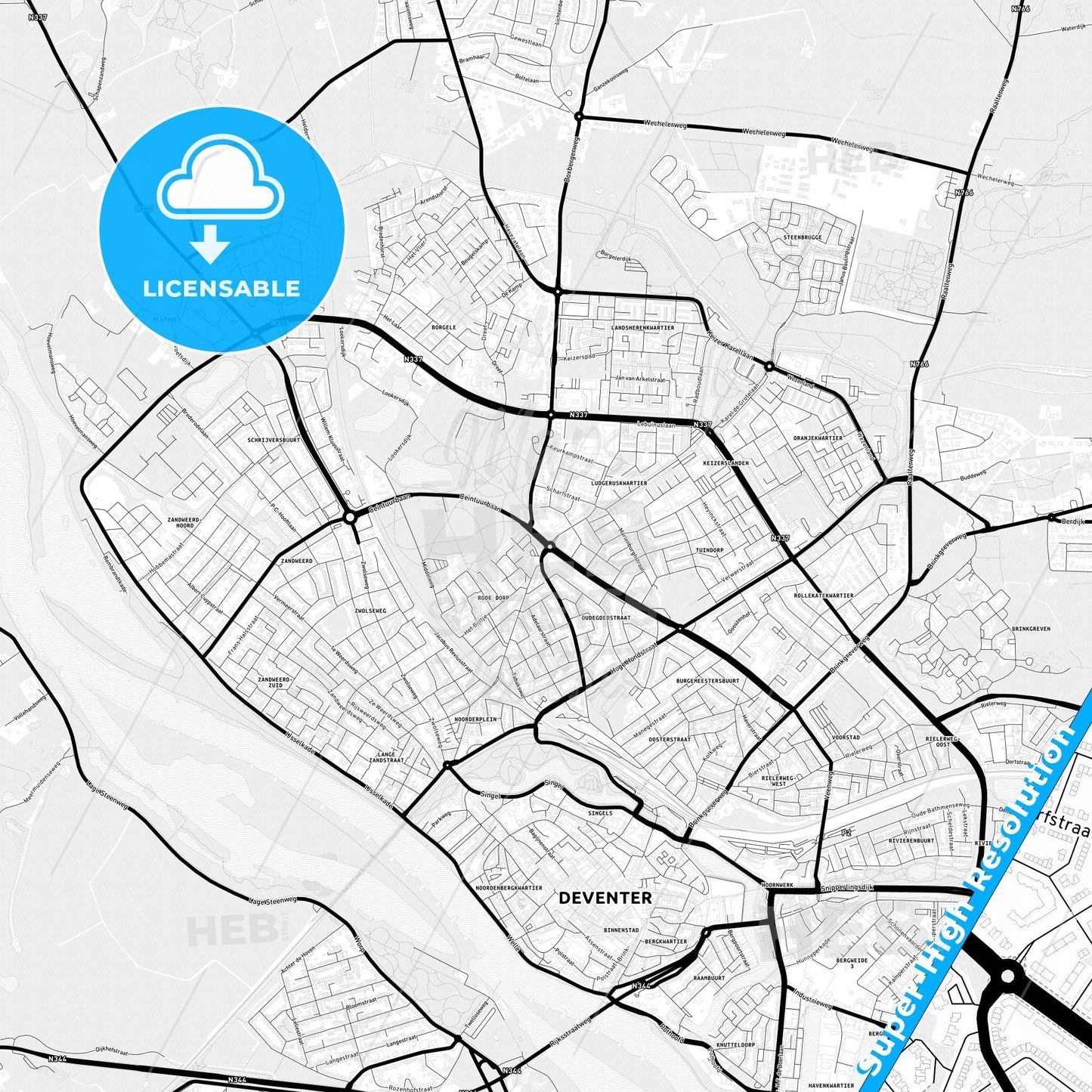 Deventer, Netherlands Light Map with Street Names, City Names, and Districts