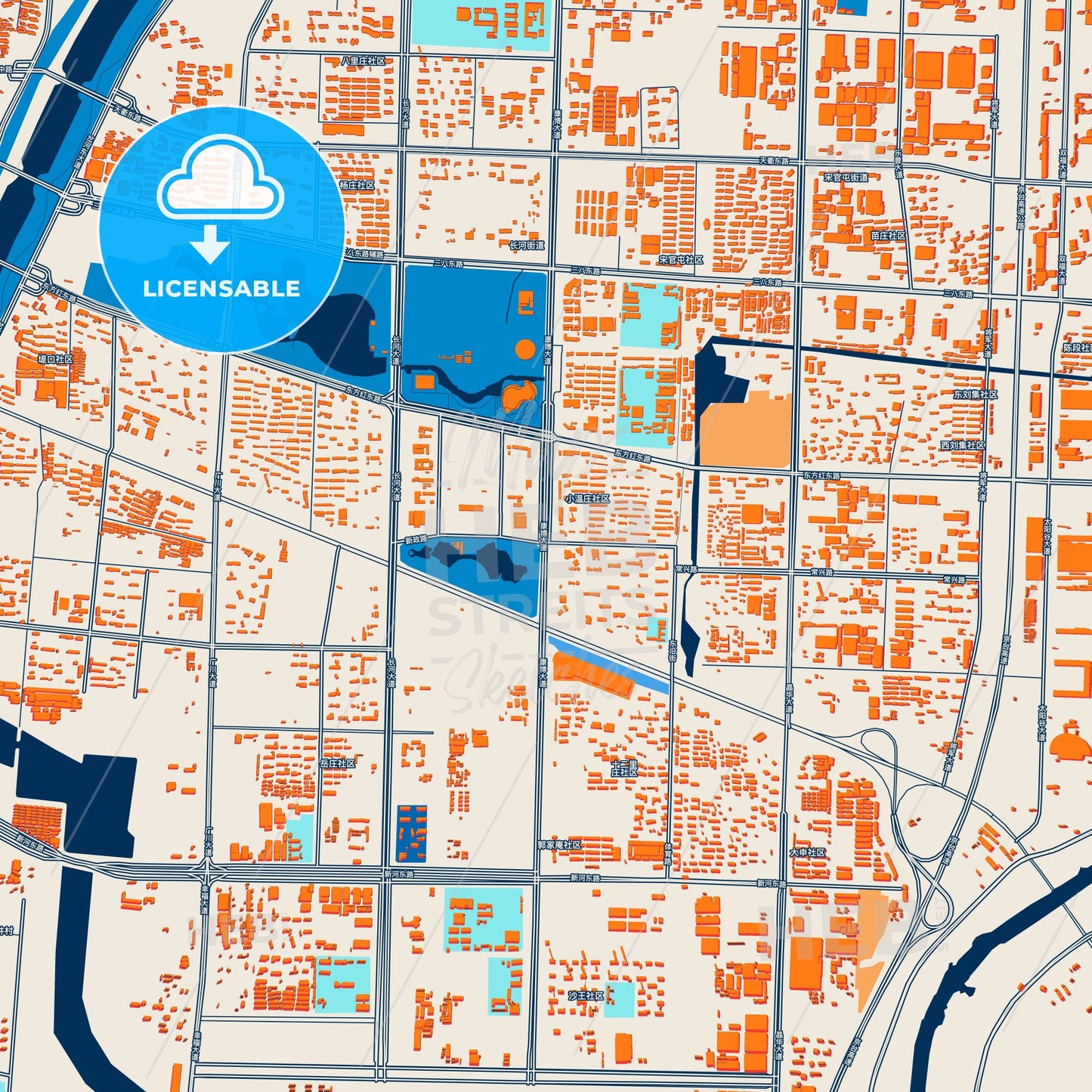 Colorful Dezhou Street Map with Labels and Buildings