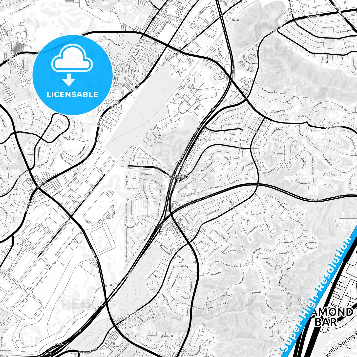 Diamond Bar, California Light Map with Street Names, City Names, and Districts
