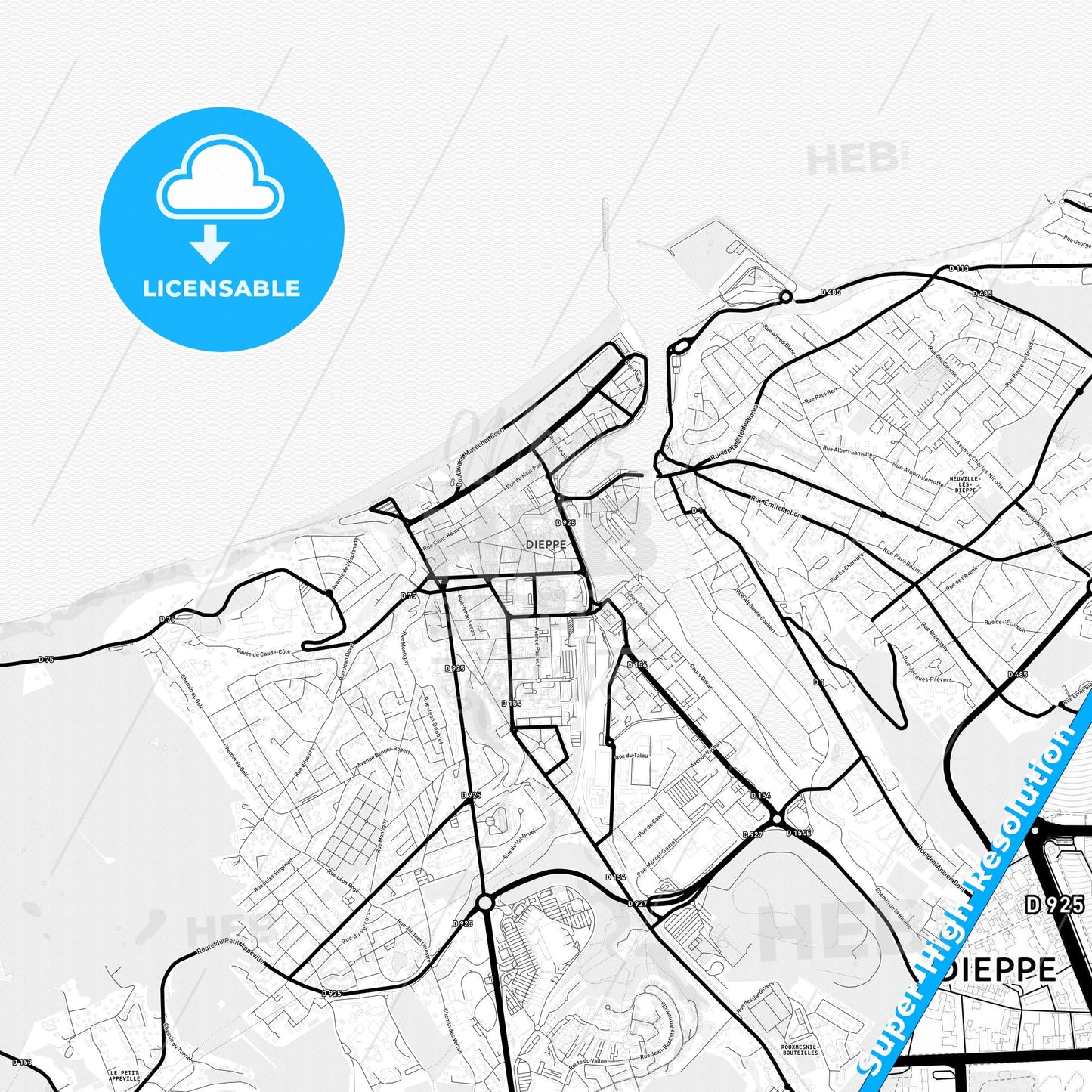 Dieppe, France Light Map with Street Names, City Names, and Districts