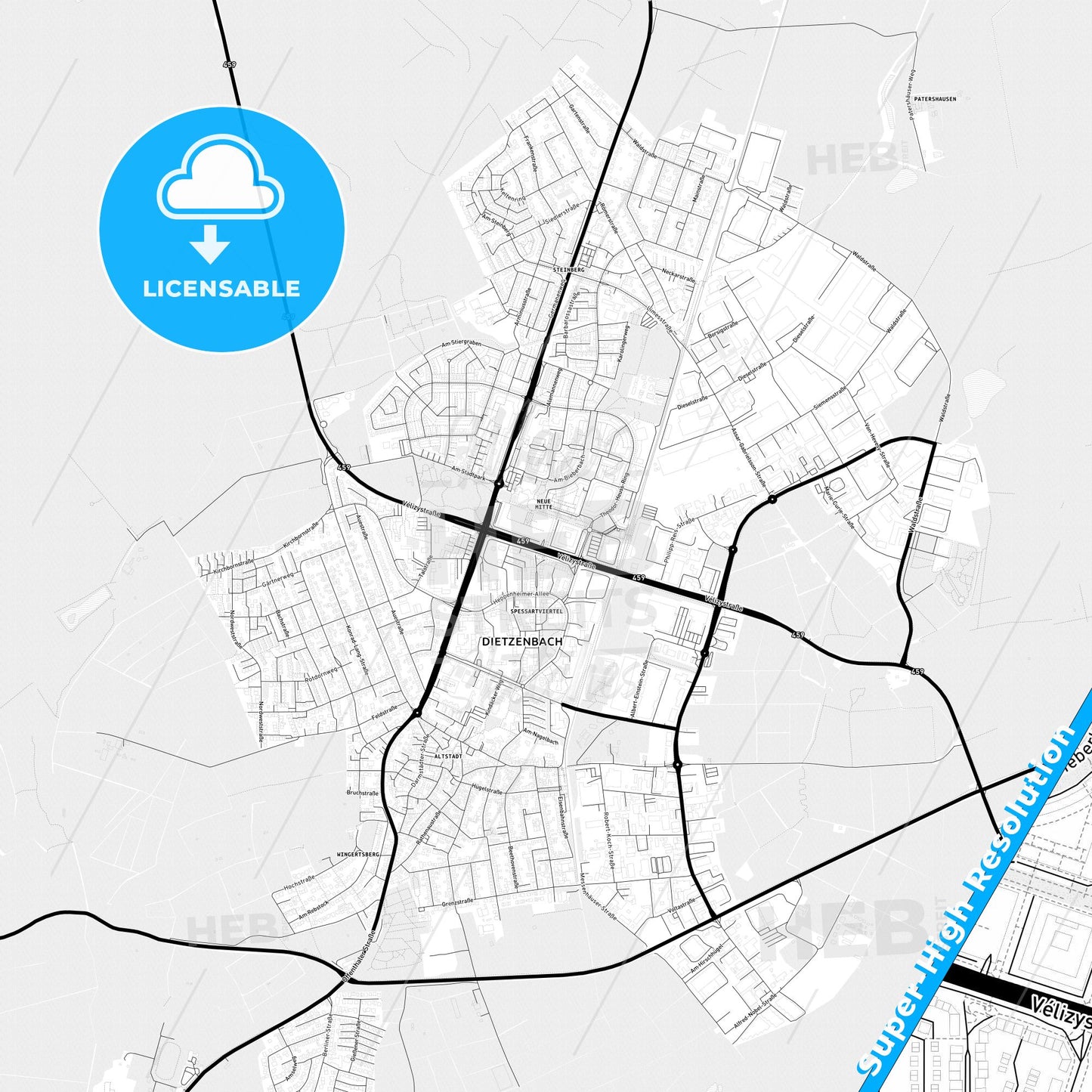Dietzenbach, Germany Light Map with Street Names, City Names, and Districts