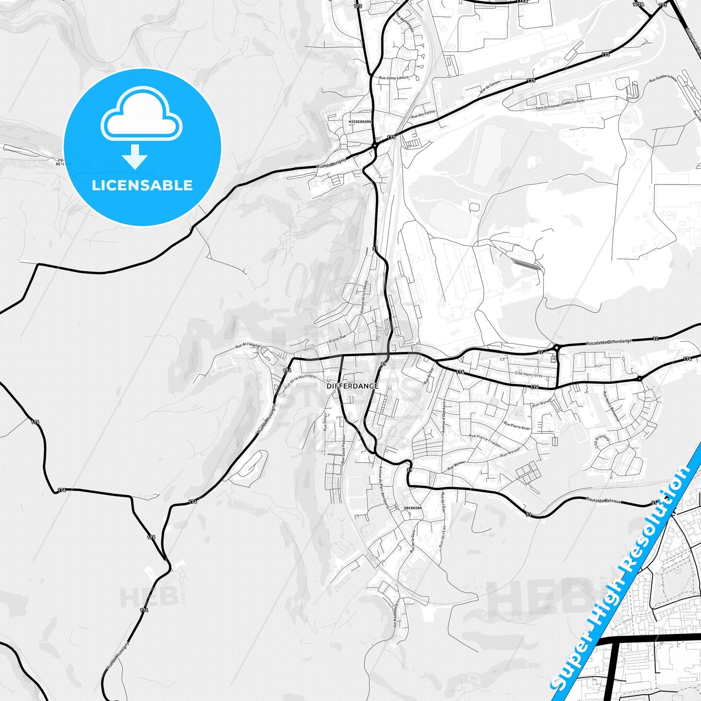 Differdange, Luxembourg Light Map with Street Names, City Names, and Districts