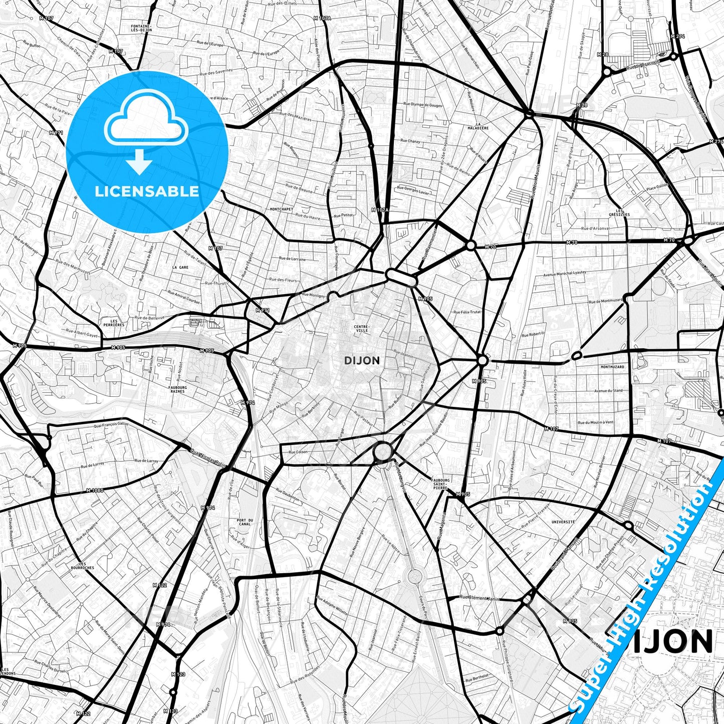 Dijon, France Light Map with Street Names, City Names, and Districts