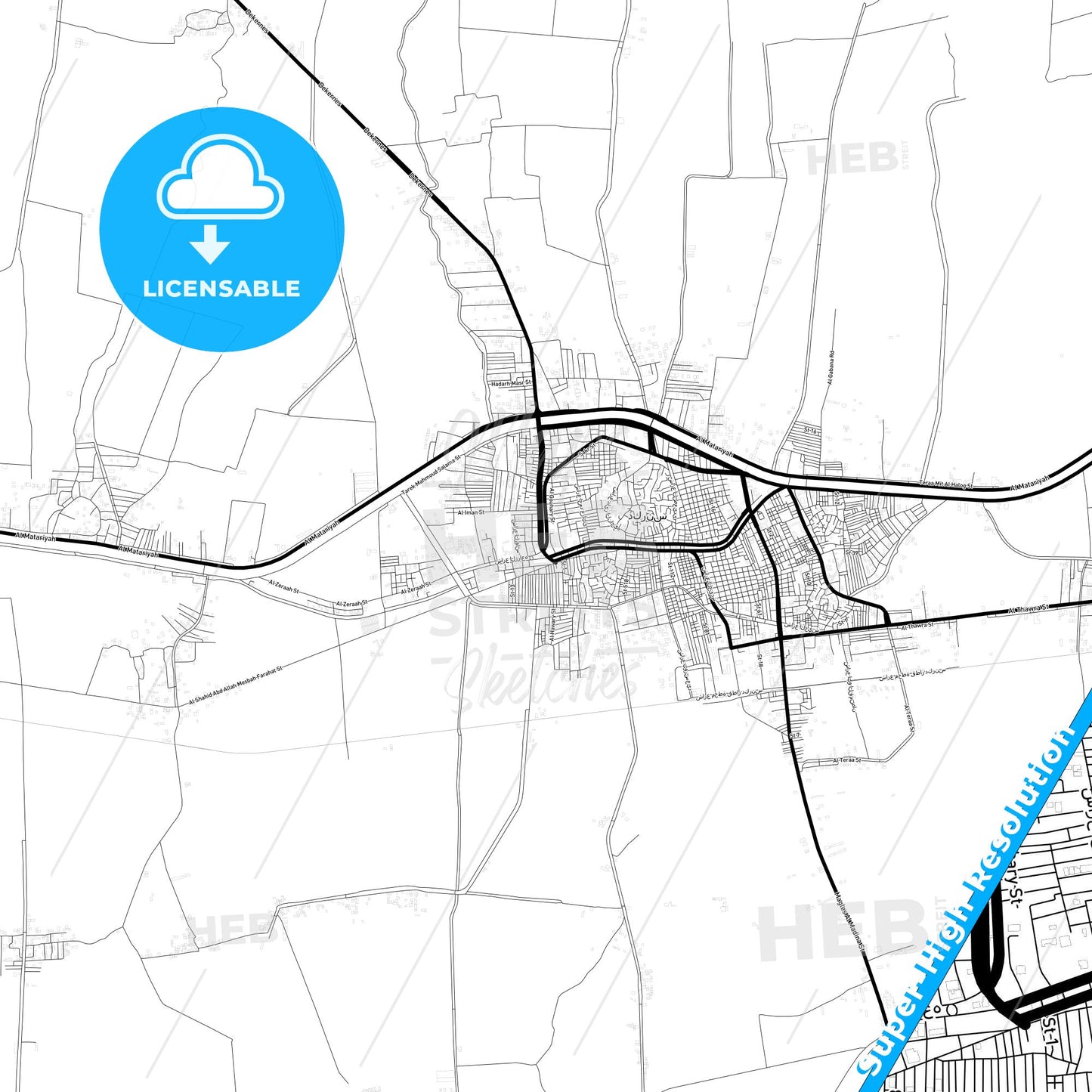 Dikirnis, Egypt Light Map with Street Names, City Names, and Districts