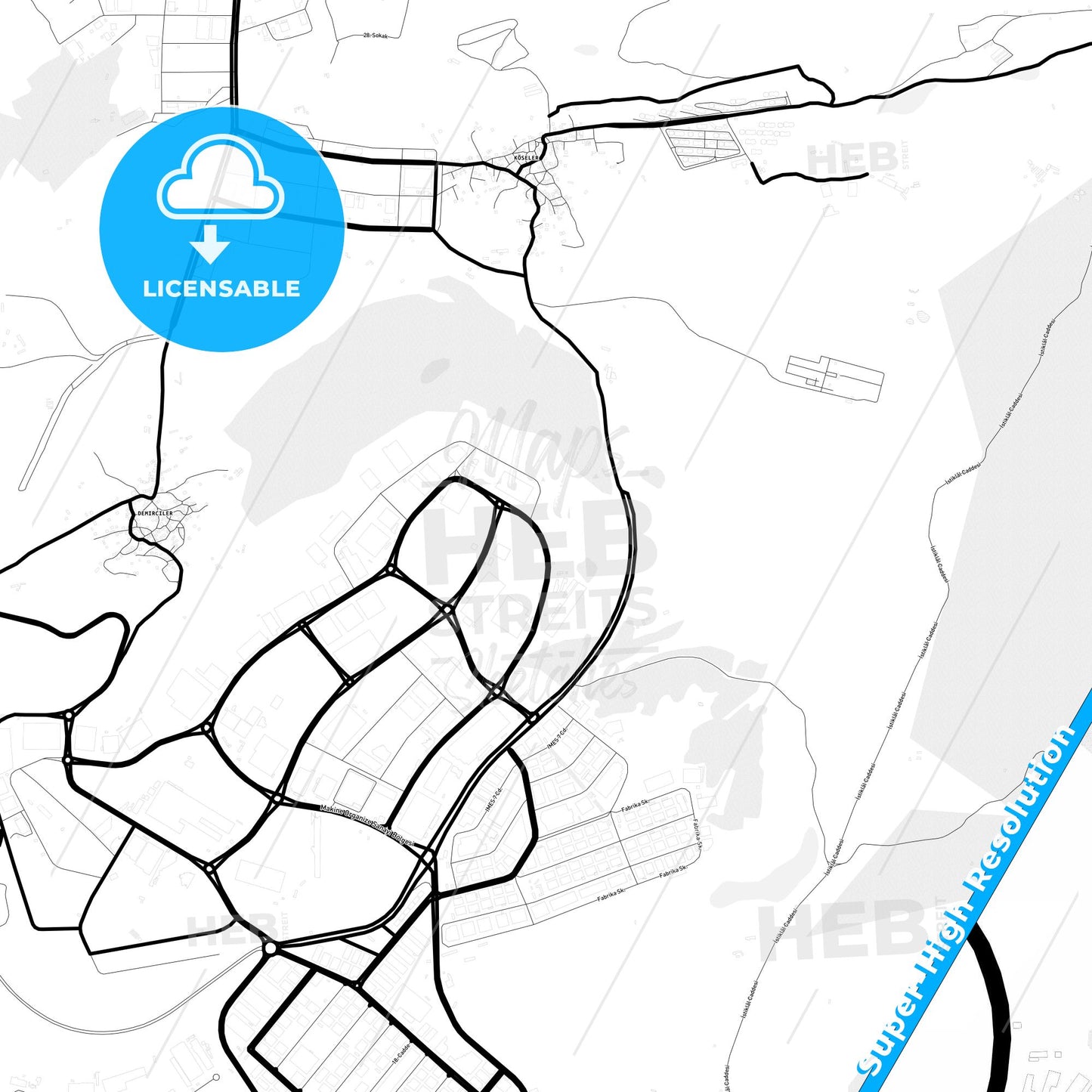 Dilovası, Turkey Light Map with Street Names, City Names, and Districts