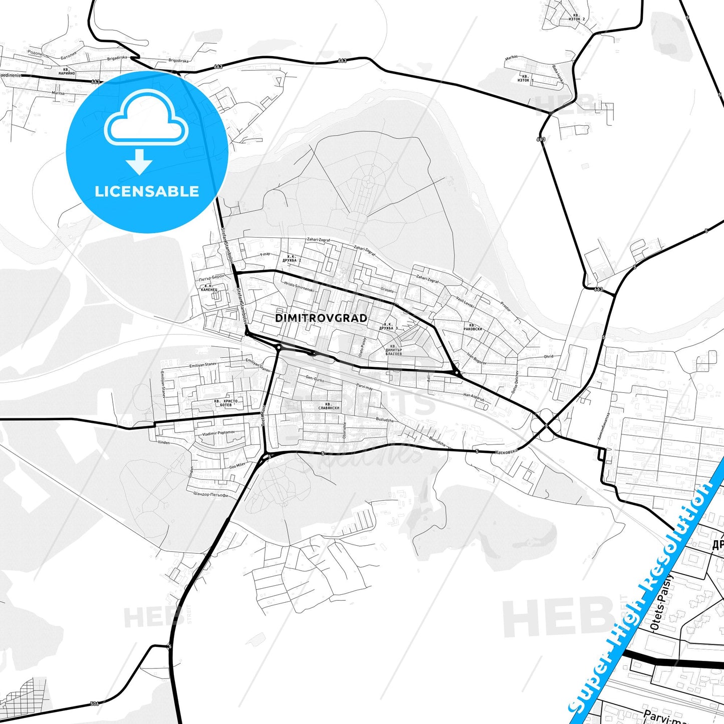 Dimitrovgrad, Bulgaria Light Map with Street Names, City Names, and Districts