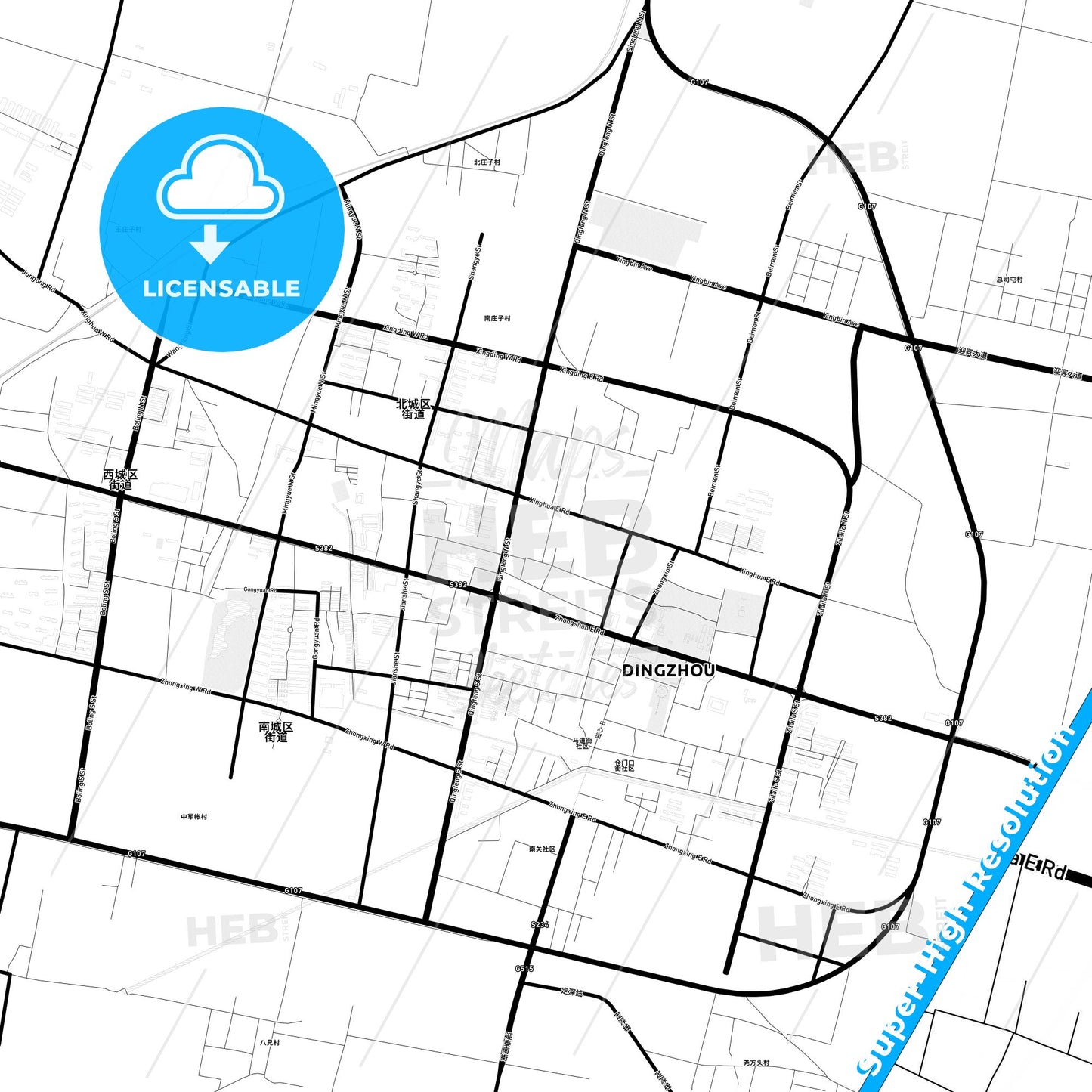 Dingzhou, China Light Map with Street Names, City Names, and Districts