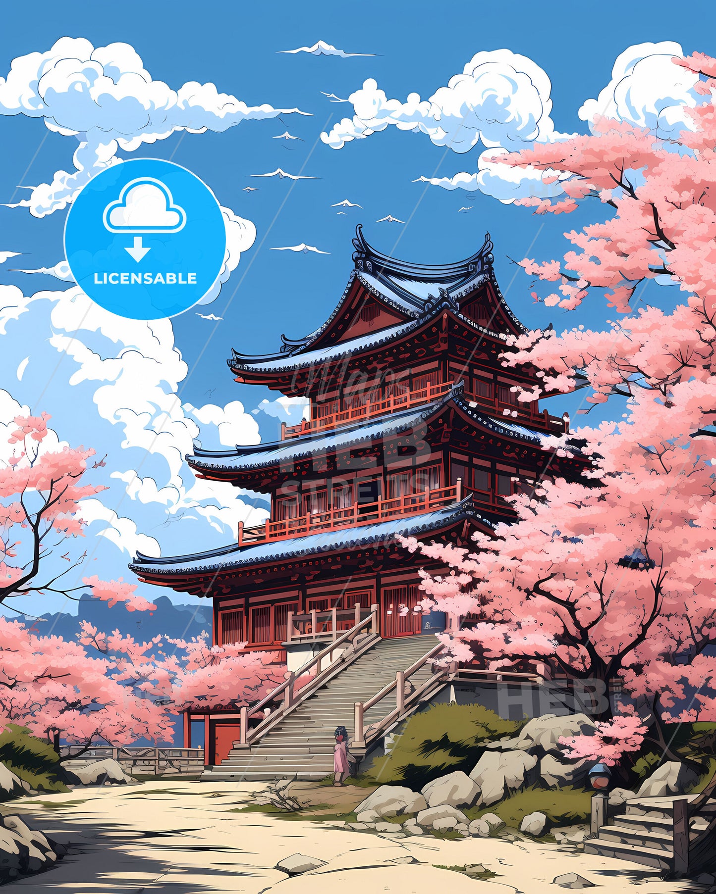 Dingzhou China Skyline Painting: Pink Blossoms Pagoda Asian Architecture Watercolor Brushstrokes