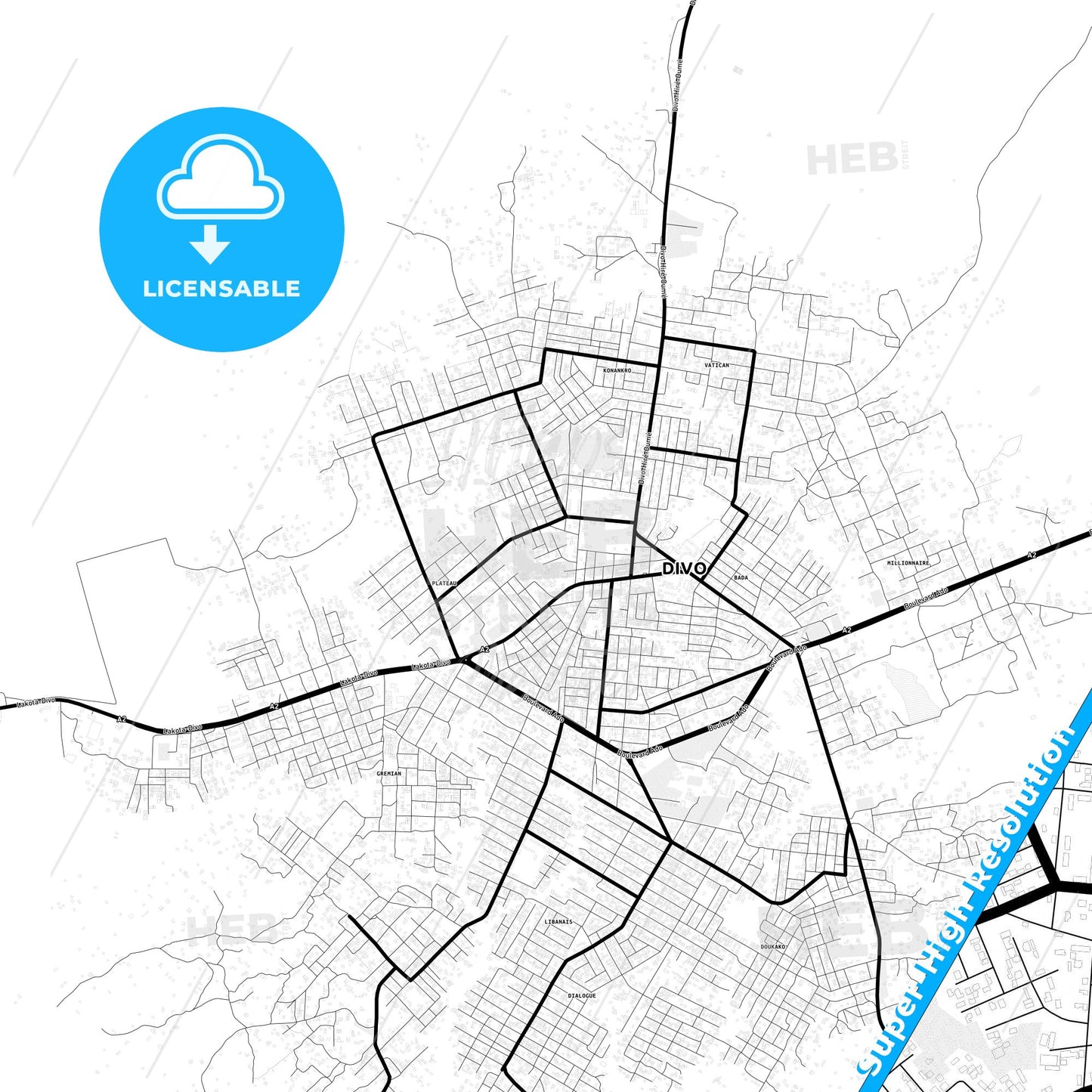 Divo, Ivory Coast Light Map with Street Names, City Names, and Districts