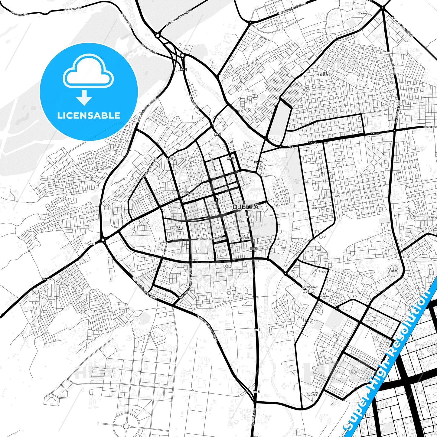 Djelfa, Algeria Light Map with Street Names, City Names, and Districts