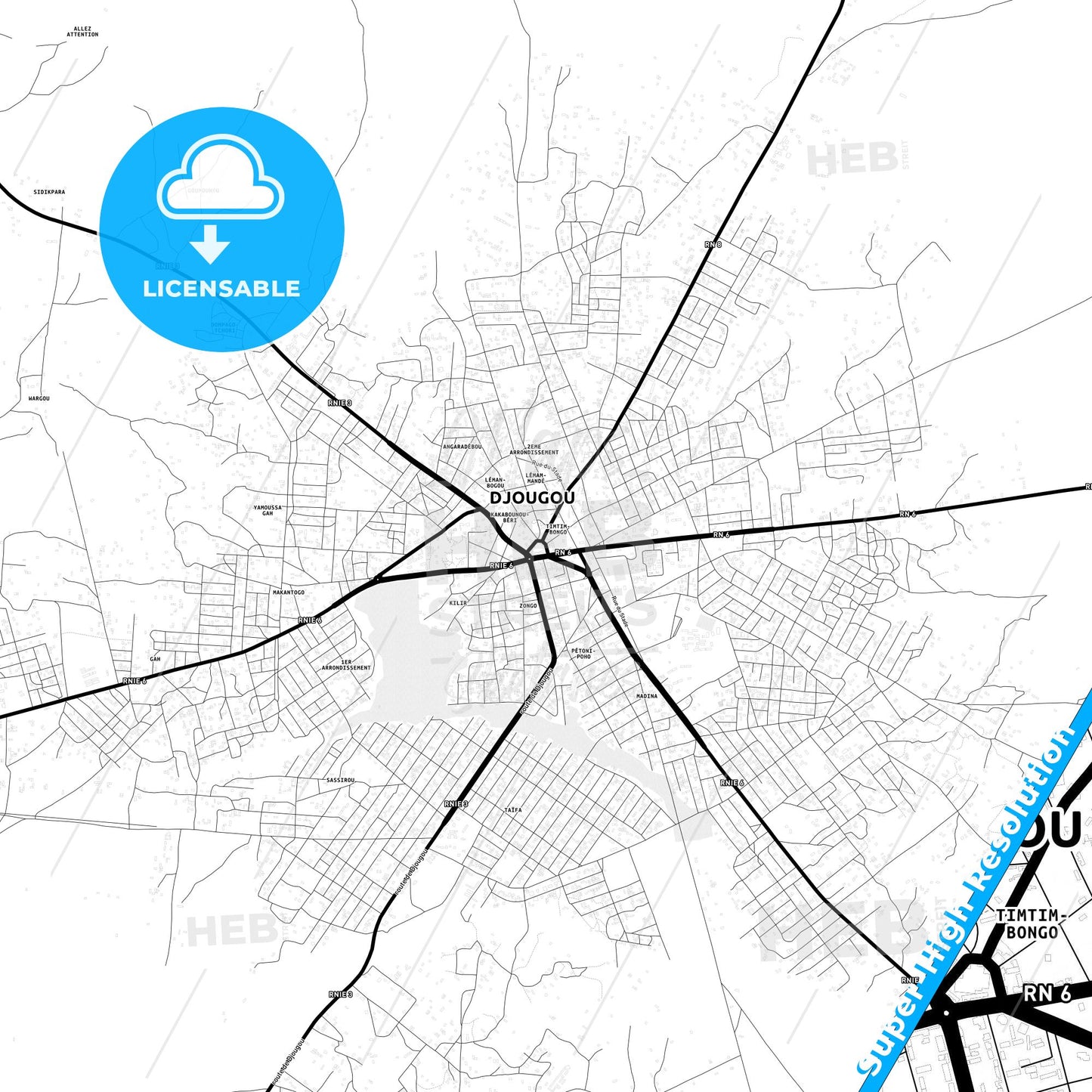 Djougou, Benin Light Map with Street Names, City Names, and Districts