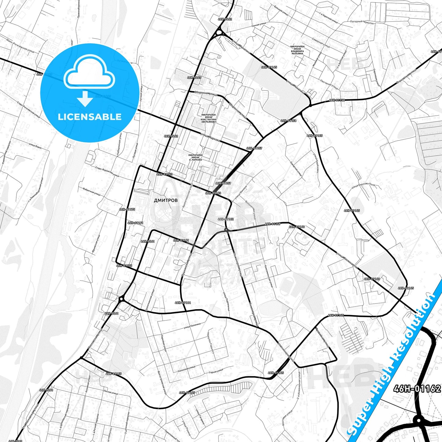 Dmitrov, Russia Light Map with Street Names, City Names, and Districts