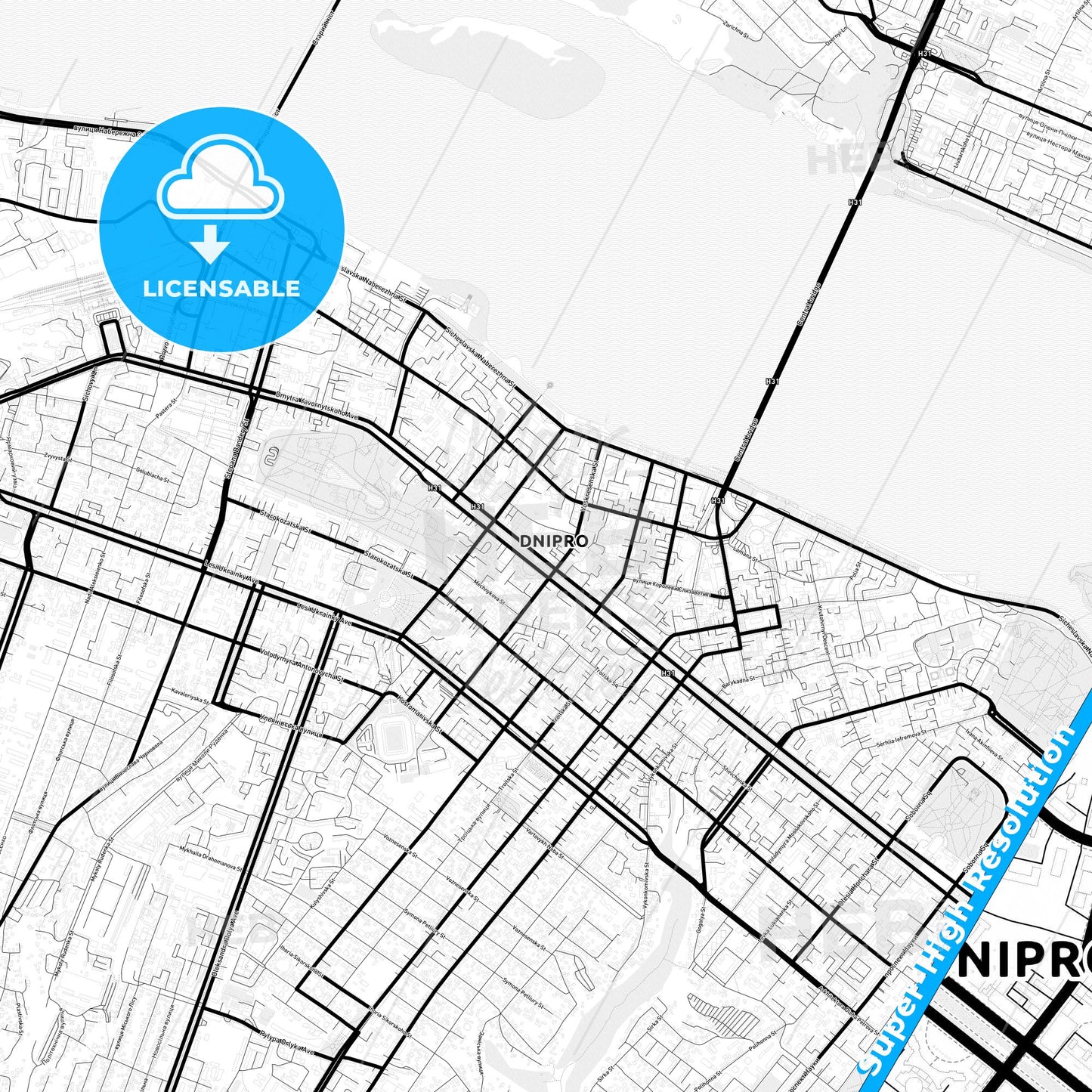 Dnipro, Ukraine Light Map with Street Names, City Names, and Districts