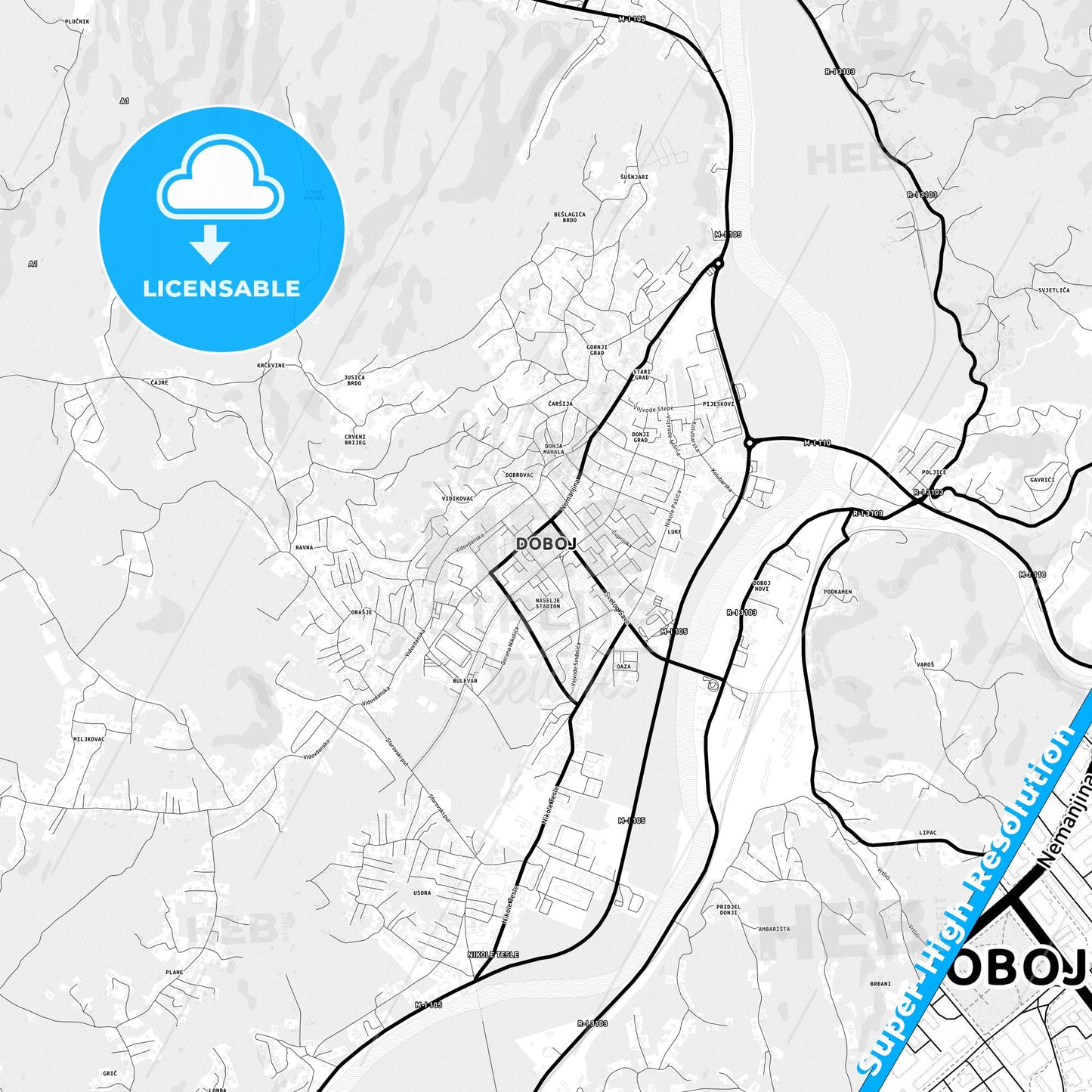 Doboj, Bosnia and Herzegovina Light Map with Street Names, City Names, and Districts