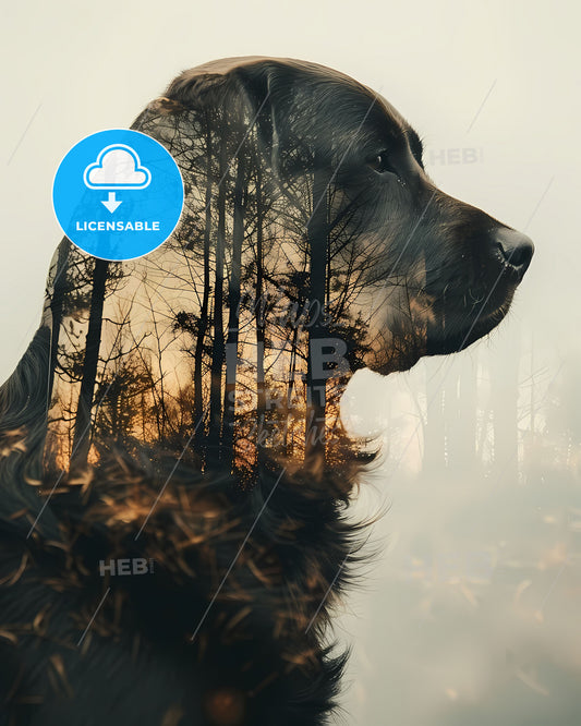 Artistic Dog Silhouette in Double Exposure Landscape, Vibrant Painting, Forest Mountains, Nature Art
