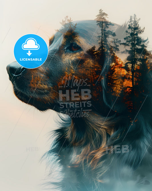 Artistic Double Exposure: Dog Silhouette Merged with Majestic Forest Mountains