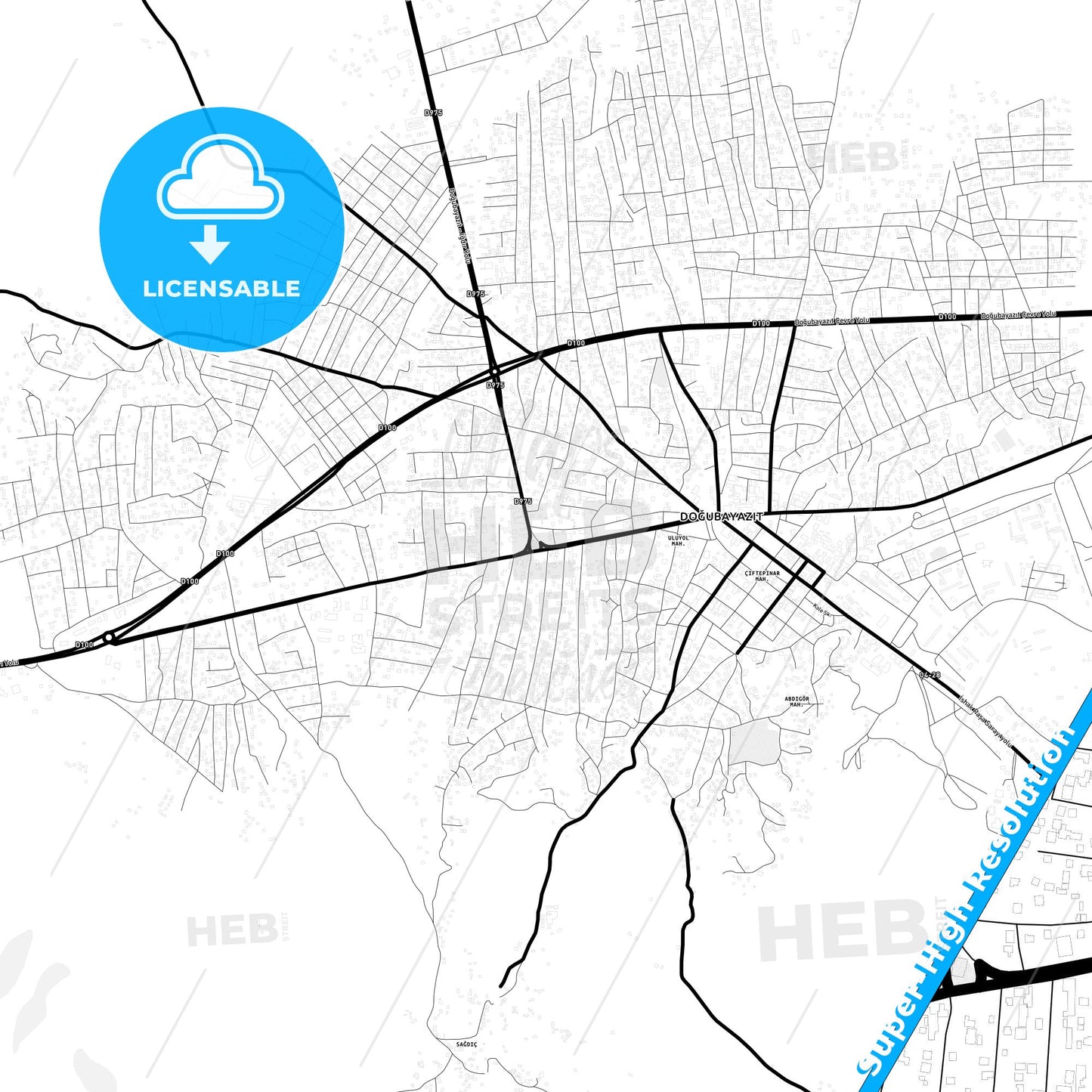 Doğubayazıt, Turkey Light Map with Street Names, City Names, and Districts
