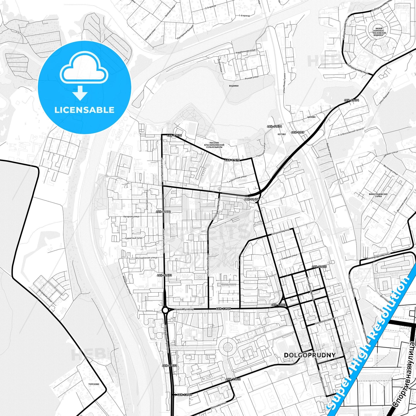 Dolgoprudny, Russia Light Map with Street Names, City Names, and Districts