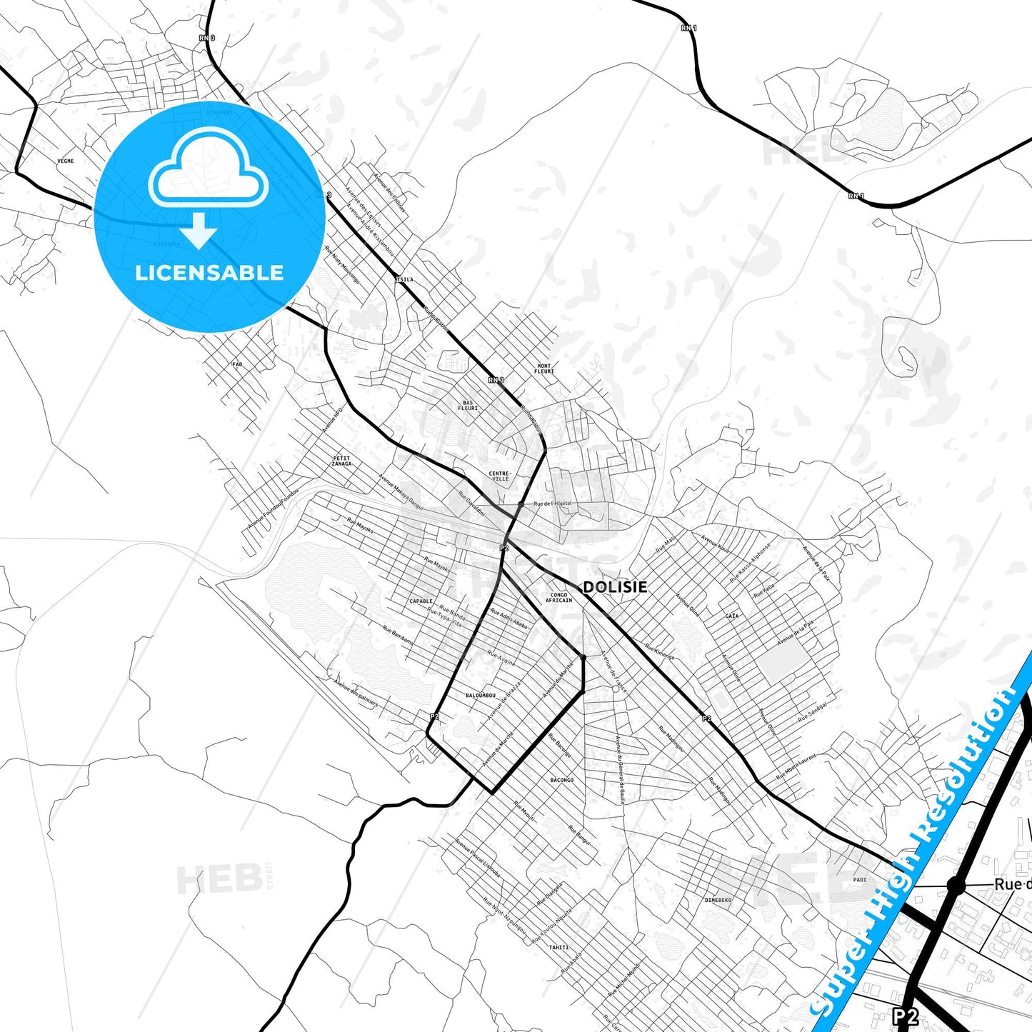 Dolisie, Republic Of The Congo Light Map with Street Names, City Names, and Districts