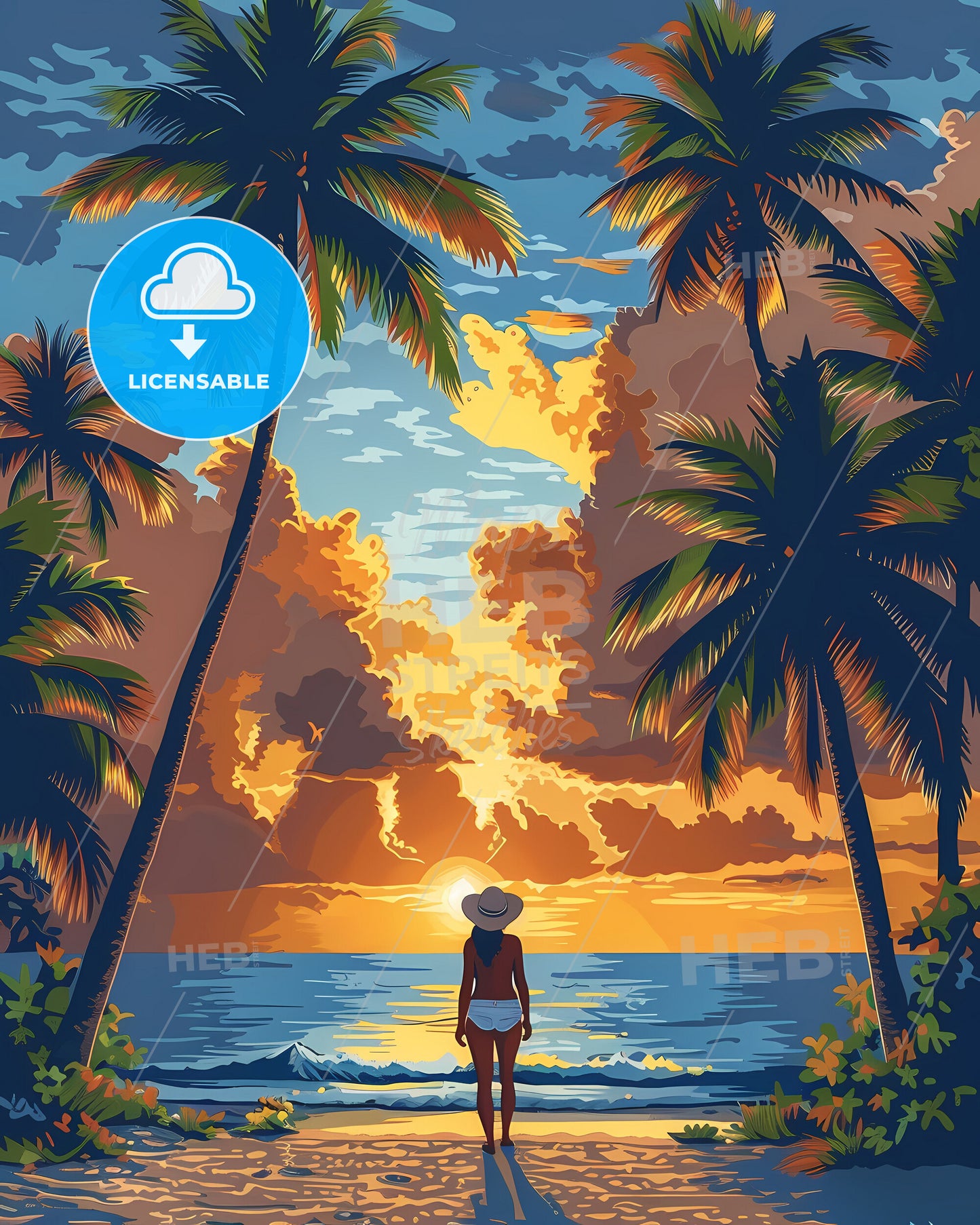 Vibrant Dominican Republic Beach Painting Depicting a Sunset and Palm Trees