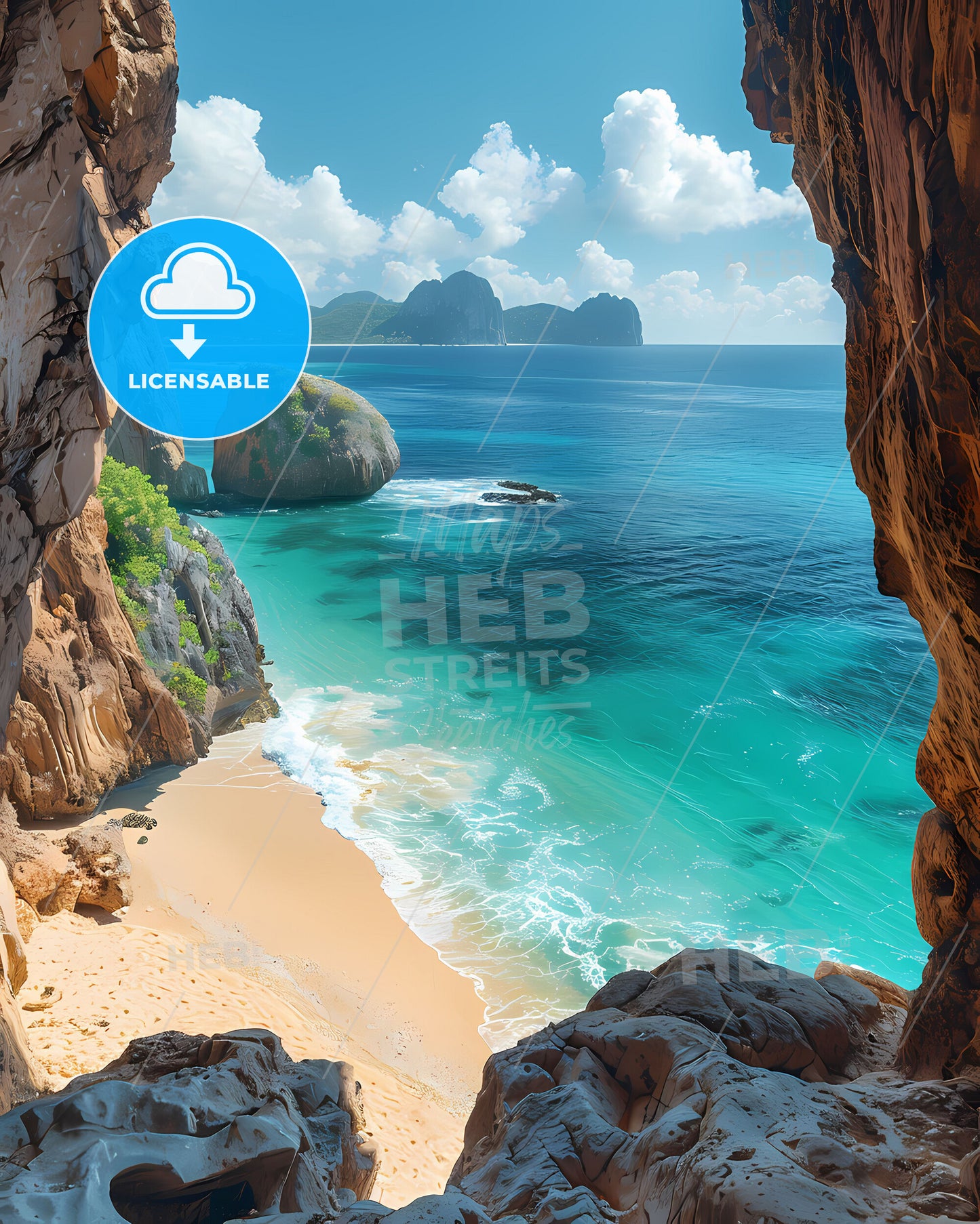 Vibrant Painting Depicting a Dominican Republic Beach and Ocean View from a Cave