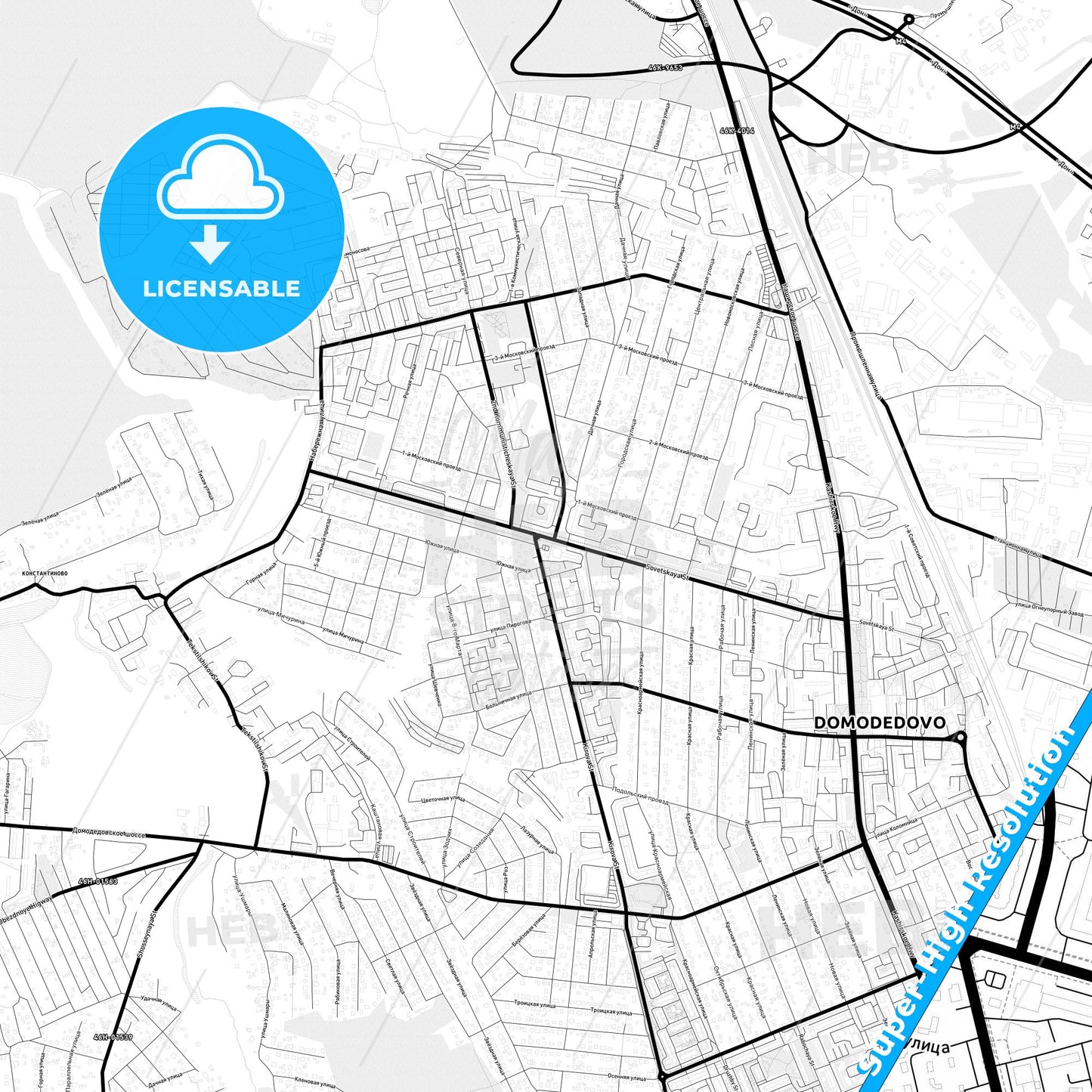 Domodedovo, Russia Light Map with Street Names, City Names, and Districts