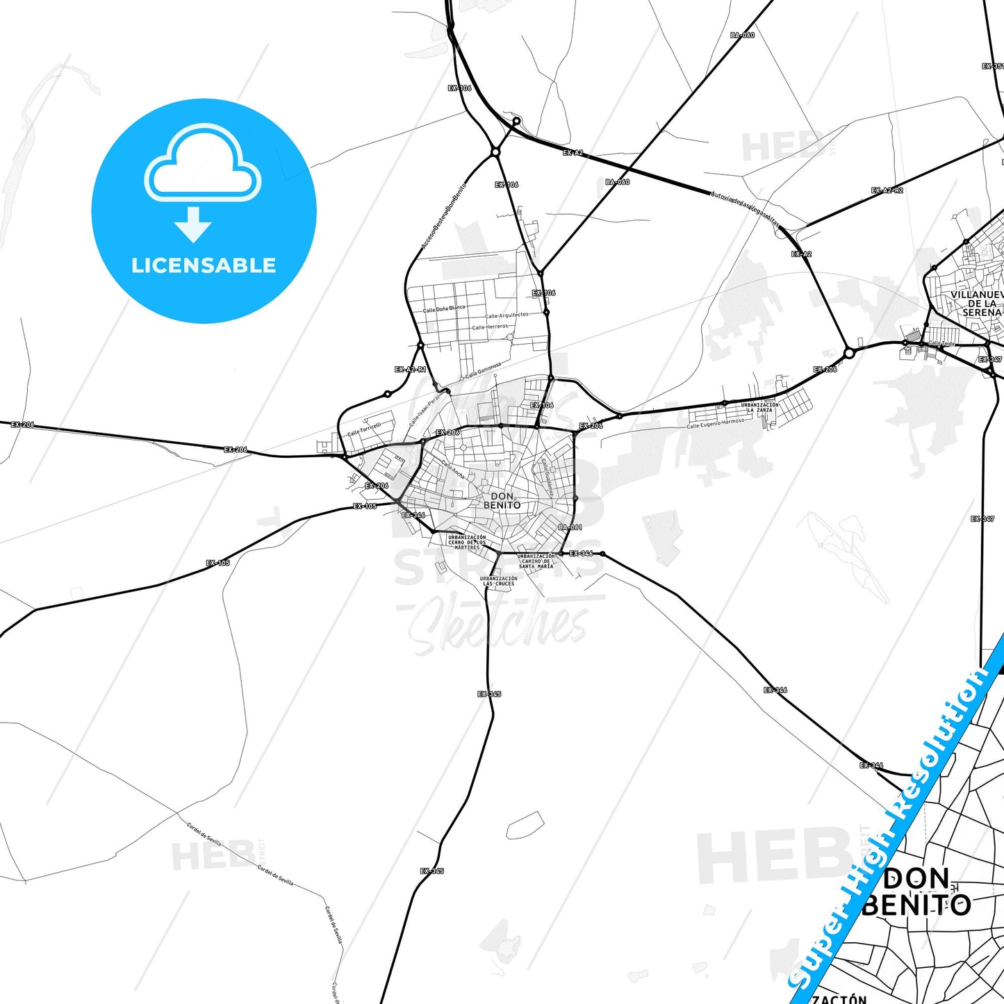 Don Benito, Spain Light Map with Street Names, City Names, and Districts