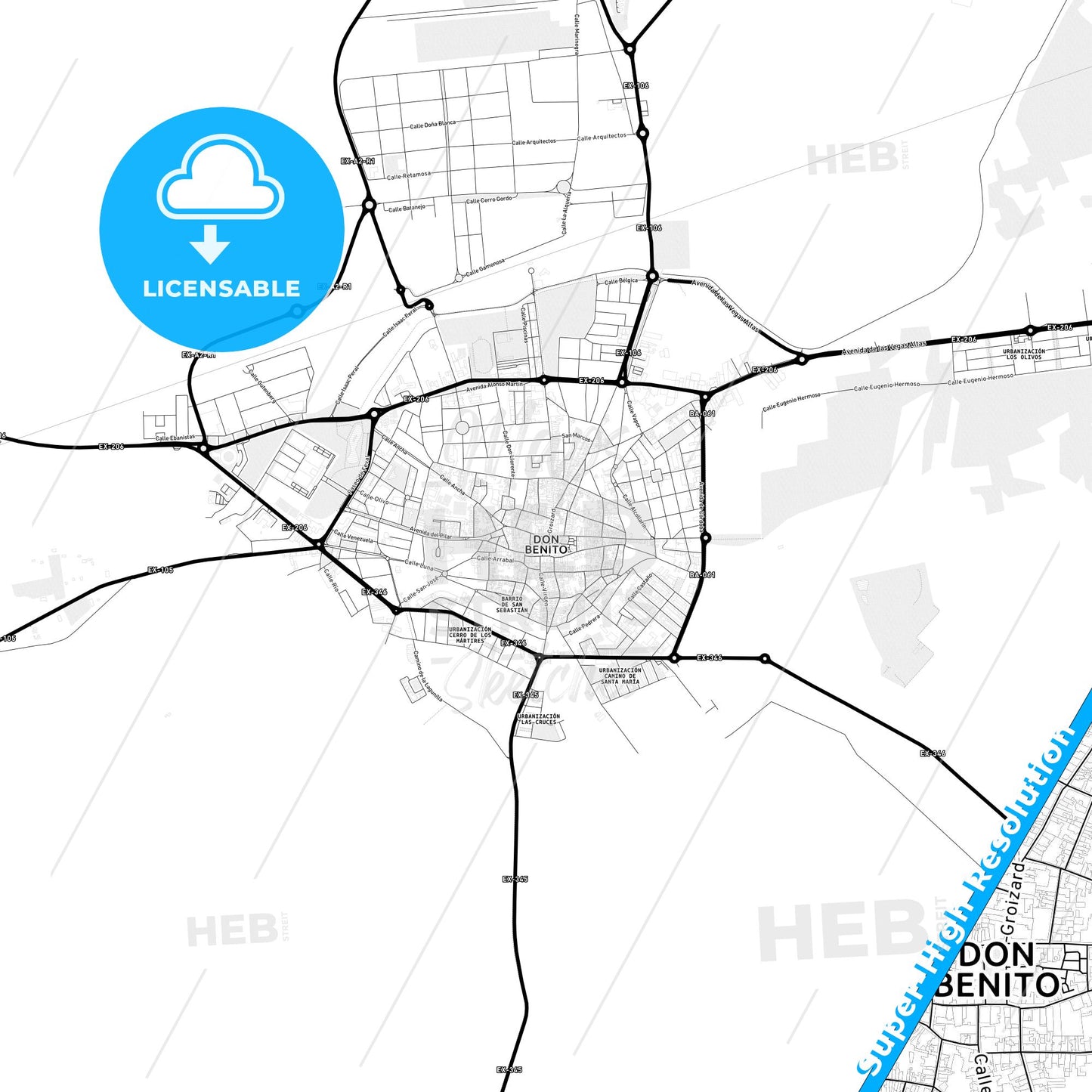 Don Benito, Spain Light Map with Street Names, City Names, and Districts