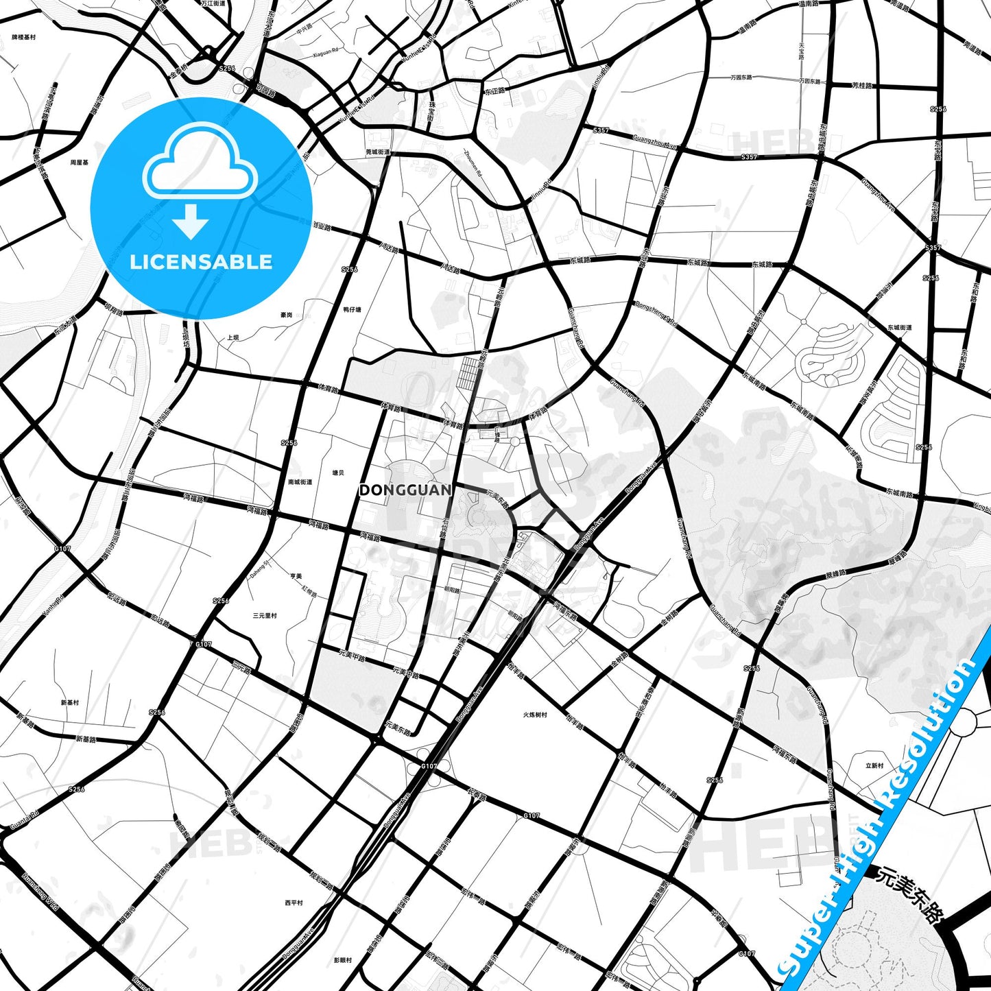 Dongguan, China Light Map with Street Names, City Names, and Districts