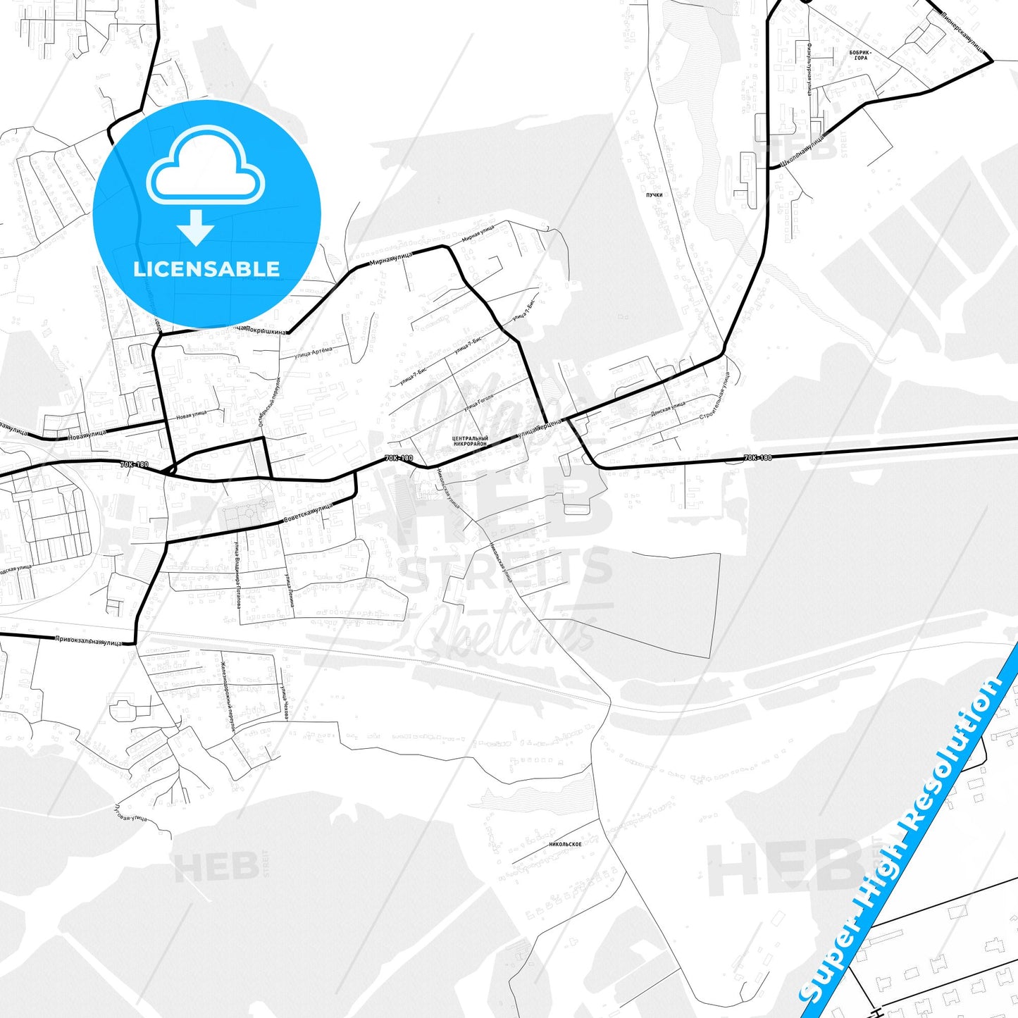 Donskoy, Russia Light Map with Street Names, City Names, and Districts