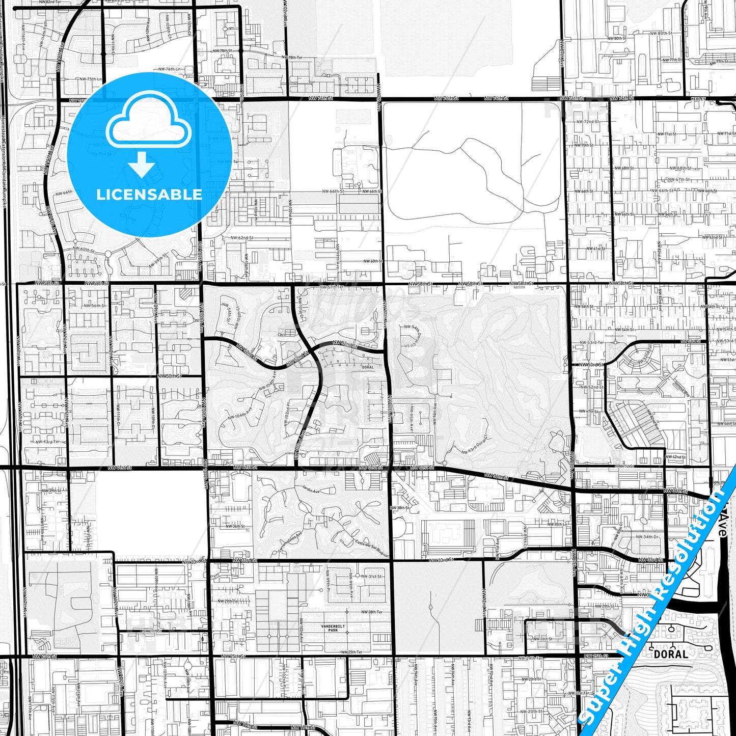 Doral, Florida Light Map with Street Names, City Names, and Districts