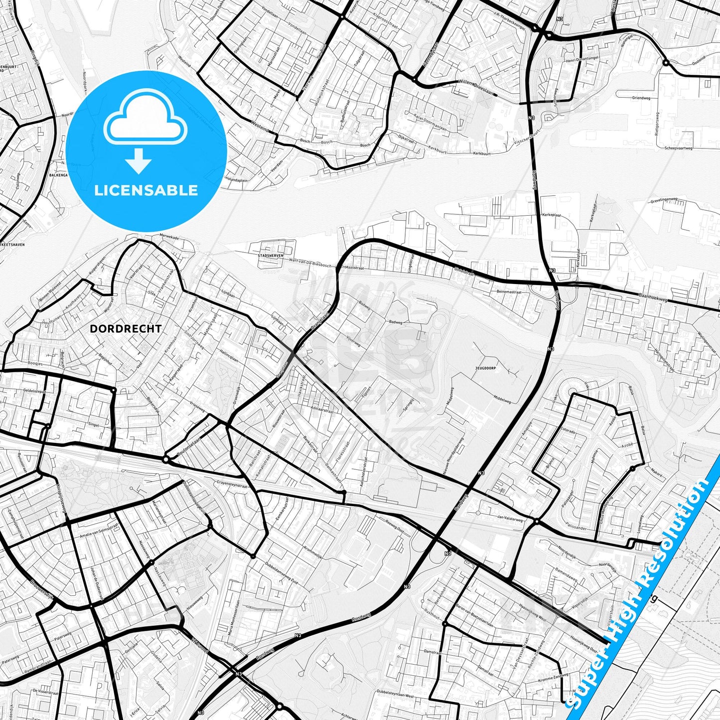 Dordrecht, Netherlands Light Map with Street Names, City Names, and Districts