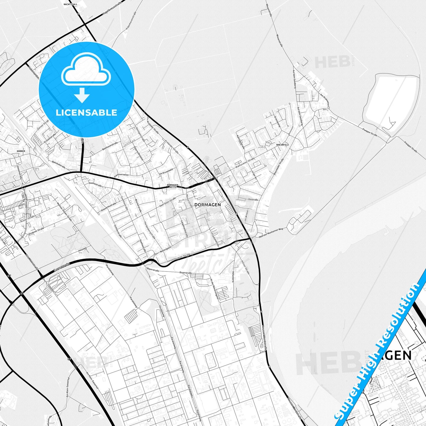 Dormagen, Germany Light Map with Street Names, City Names, and Districts
