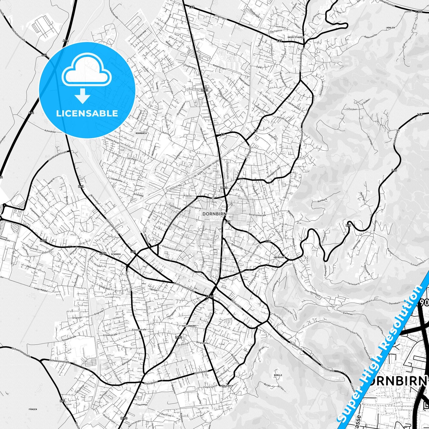 Dornbirn, Austria Light Map with Street Names, City Names, and Districts