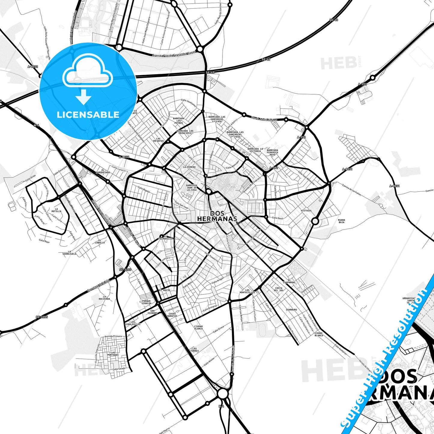 Dos Hermanas, Spain Light Map with Street Names, City Names, and Districts