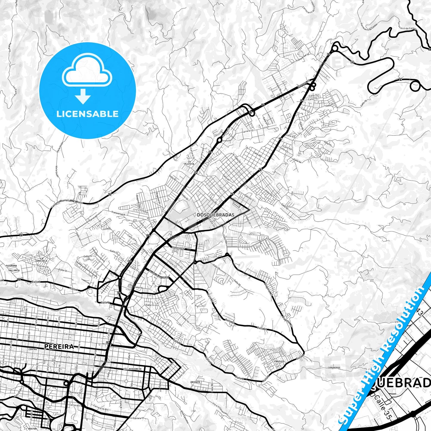 Dosquebradas, Colombia Light Map with Street Names, City Names, and Districts