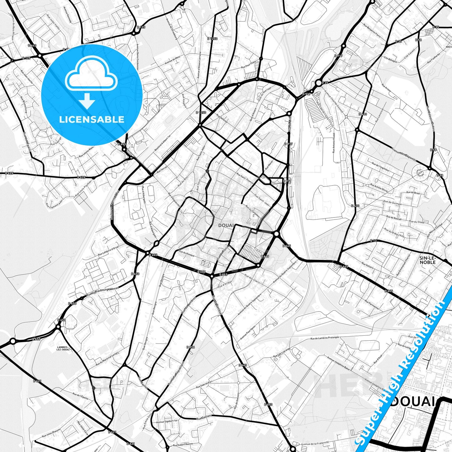 Douai, France Light Map with Street Names, City Names, and Districts