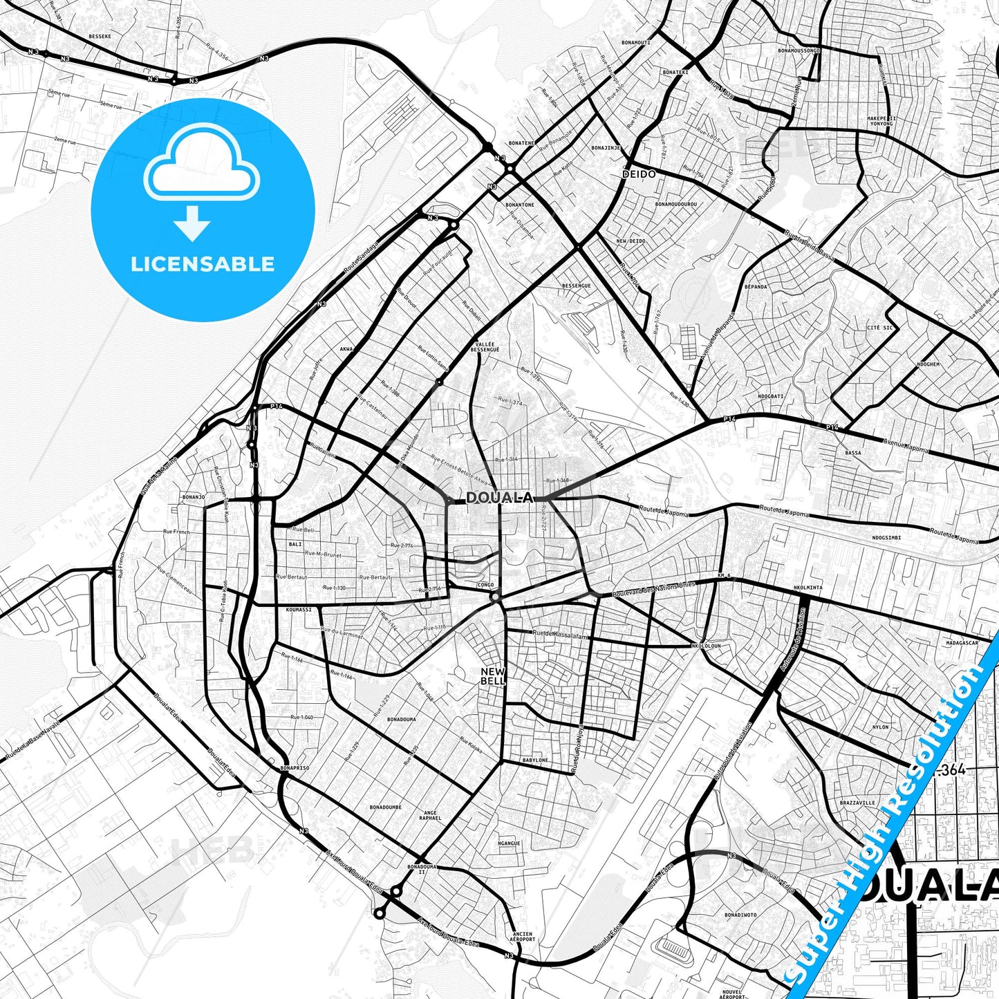 Douala, Cameroon Light Map with Street Names, City Names, and Districts