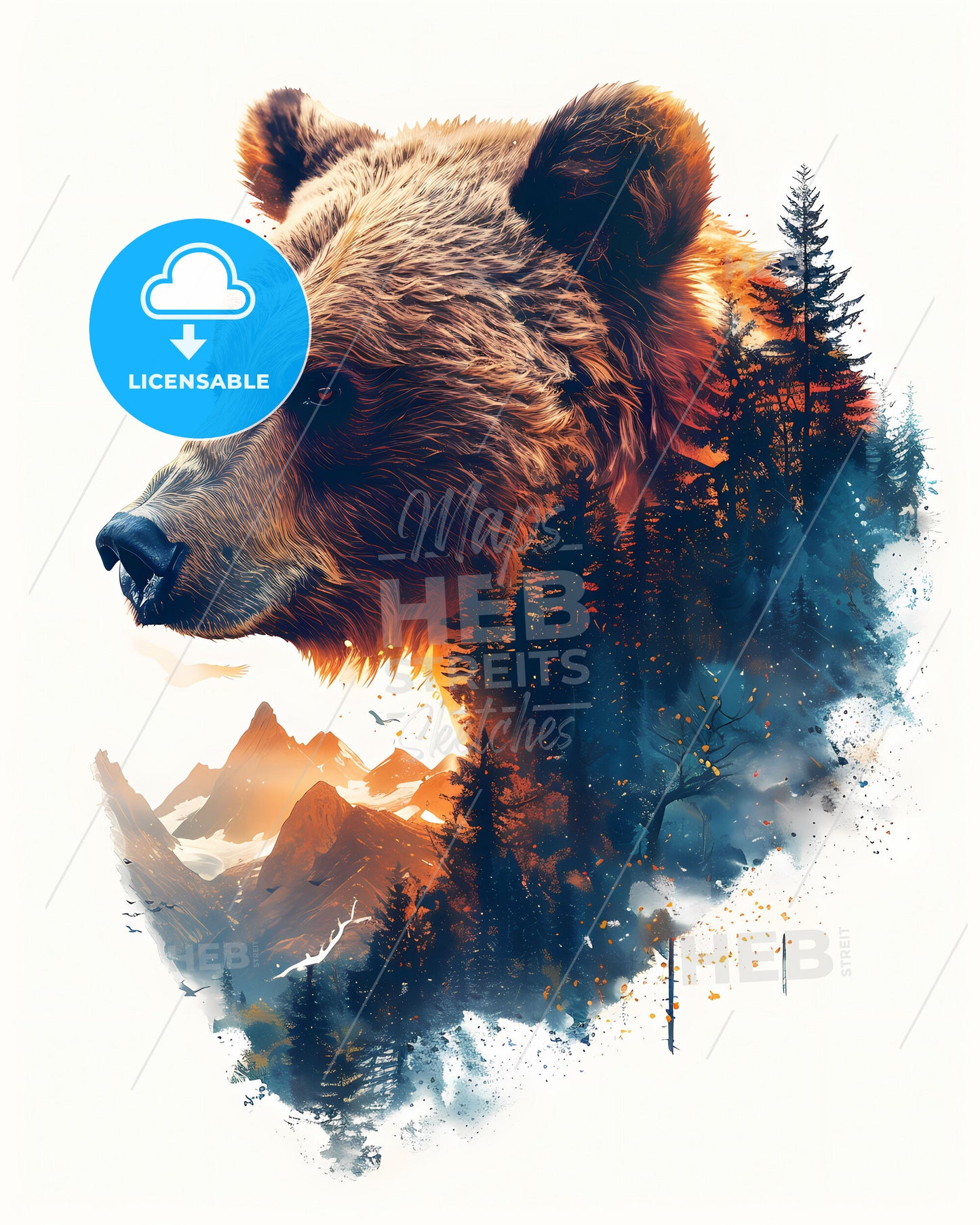 Expressive Double Exposure Landscape Painting: Majestic Brown Bear, Forest, Mountains, Vibrant Colors, Art