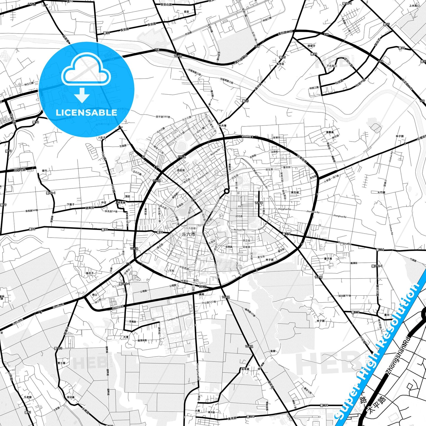 Douliu, Taiwan Light Map with Street Names, City Names, and Districts