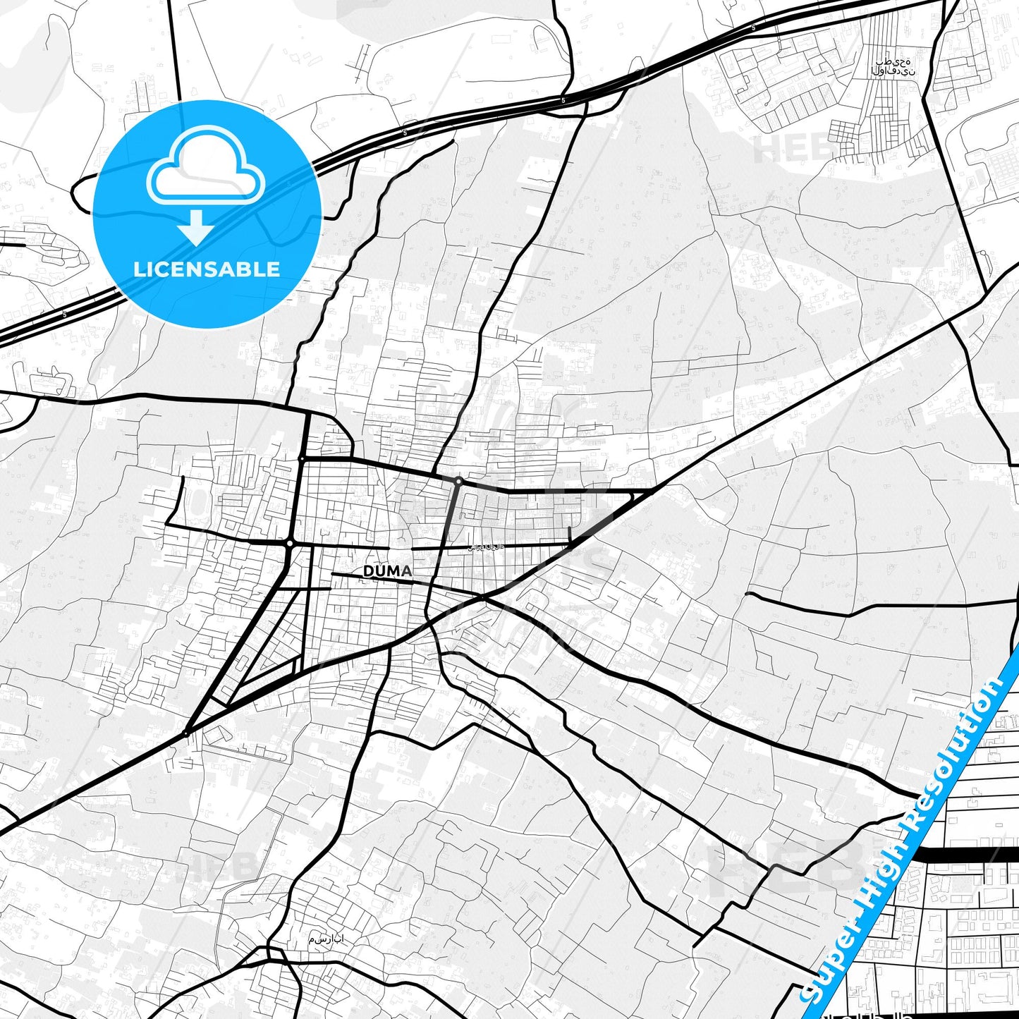 Douma, Syria Light Map with Street Names, City Names, and Districts