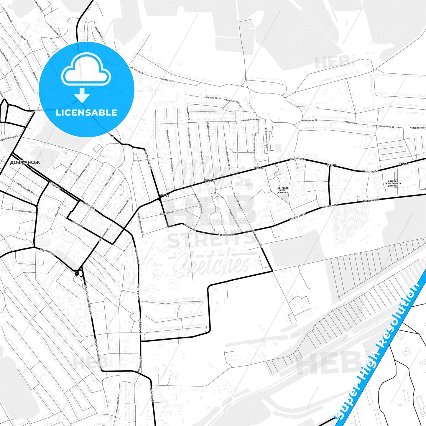 Dovzhansk, Ukraine Light Map with Street Names, City Names, and Districts