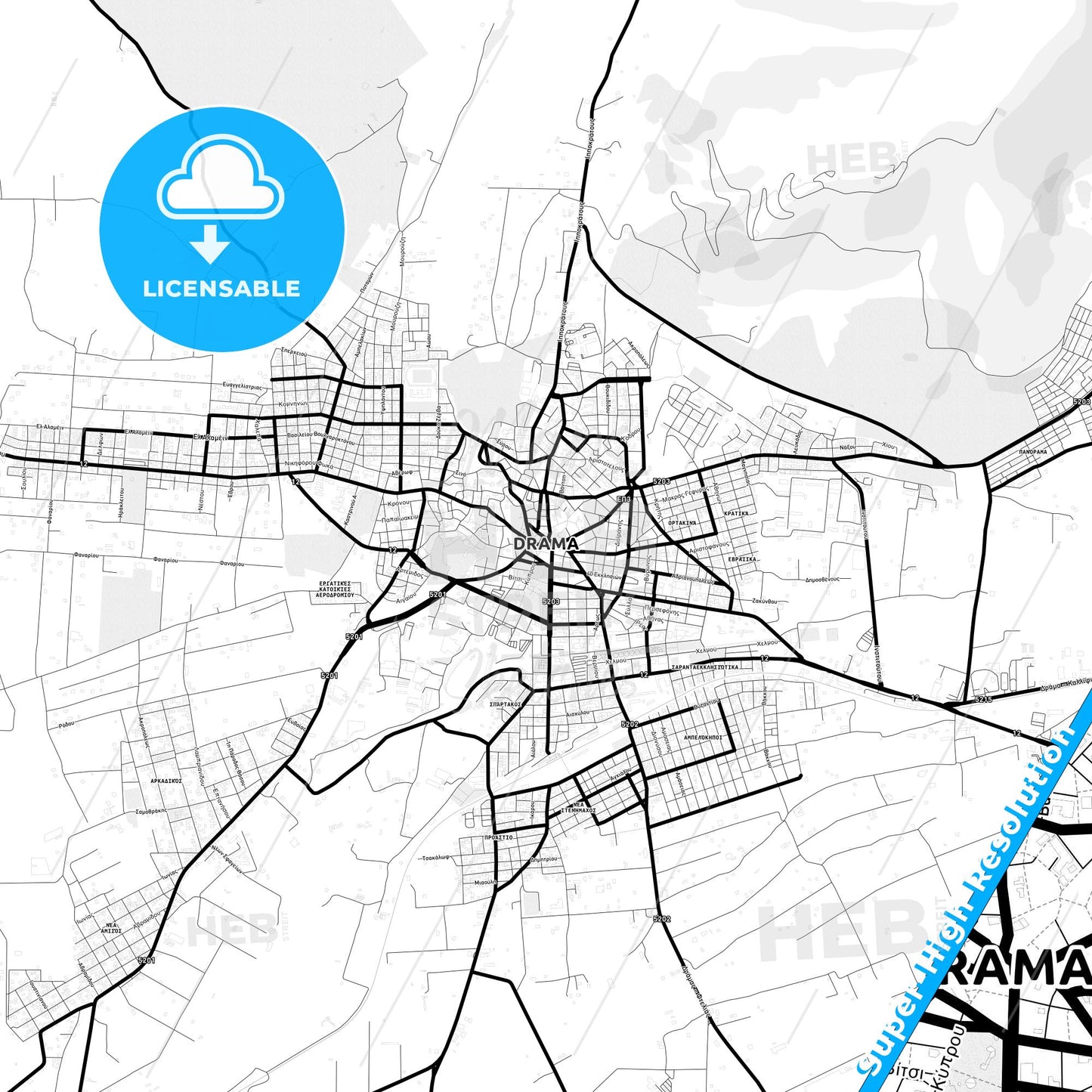 Drama, Greece Light Map with Street Names, City Names, and Districts