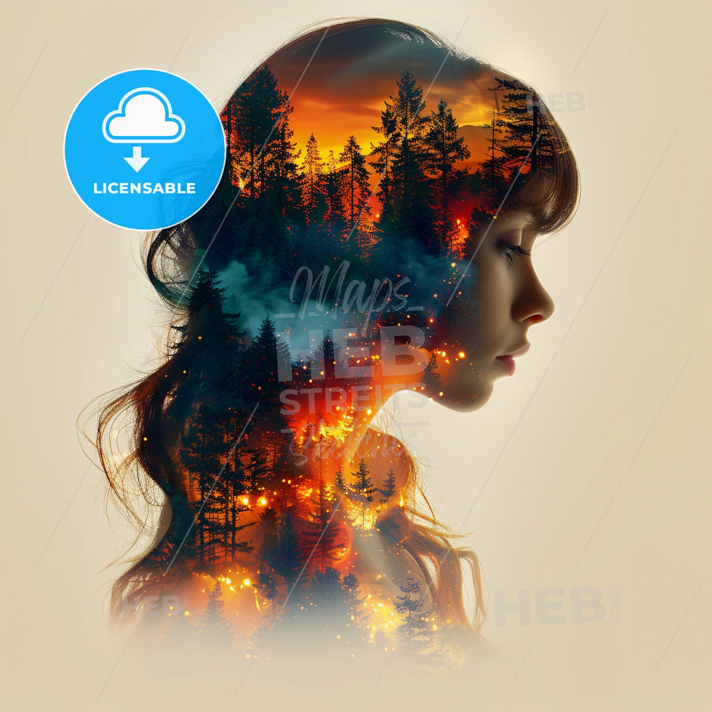 Dreams and Streams: Nature’s Narrative - A womans profile with a forest and fire