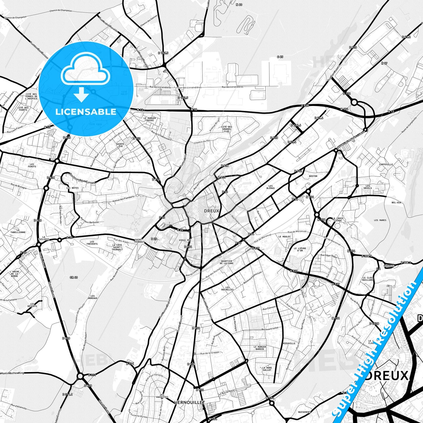 Dreux, France Light Map with Street Names, City Names, and Districts
