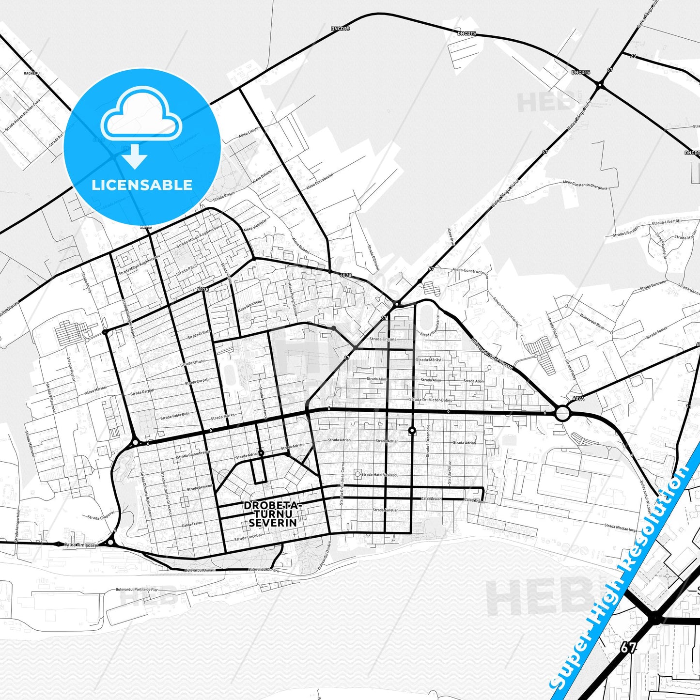 Drobeta-Turnu Severin, Romania Light Map with Street Names, City Names, and Districts
