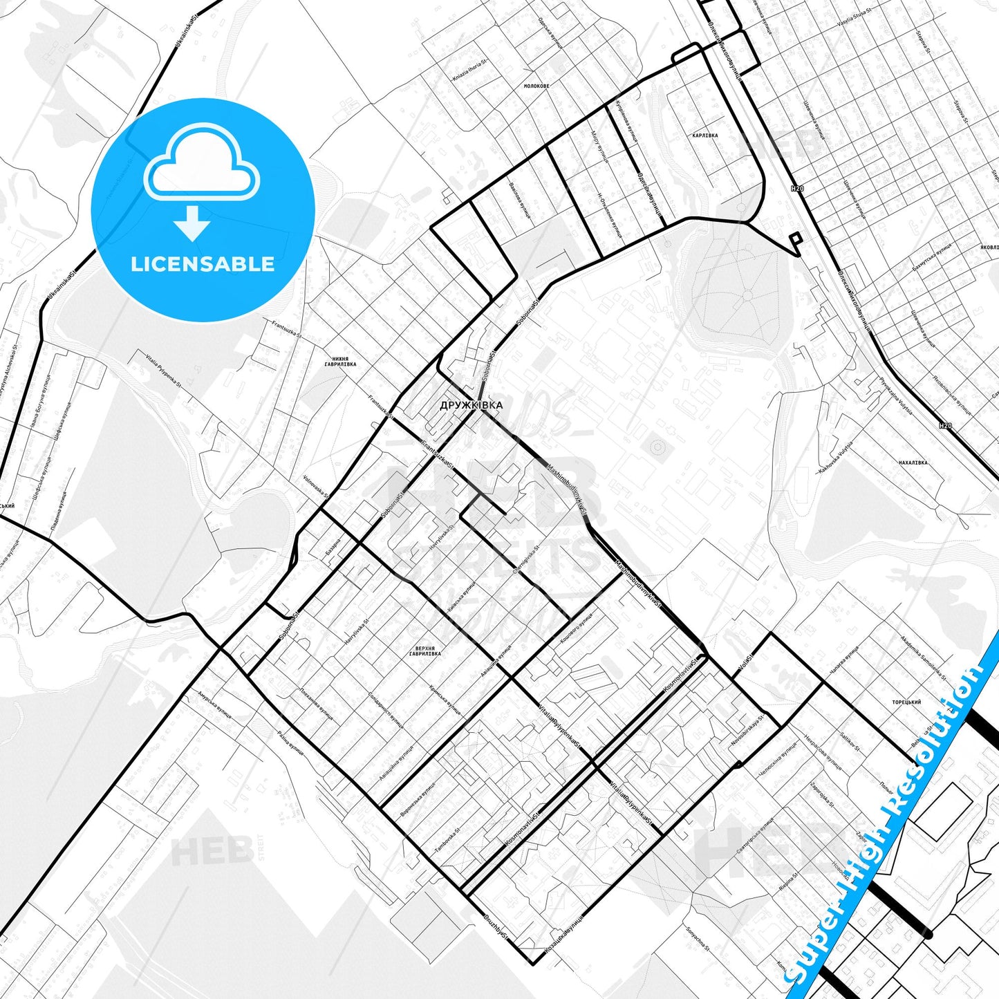 Druzhkivka, Ukraine Light Map with Street Names, City Names, and Districts