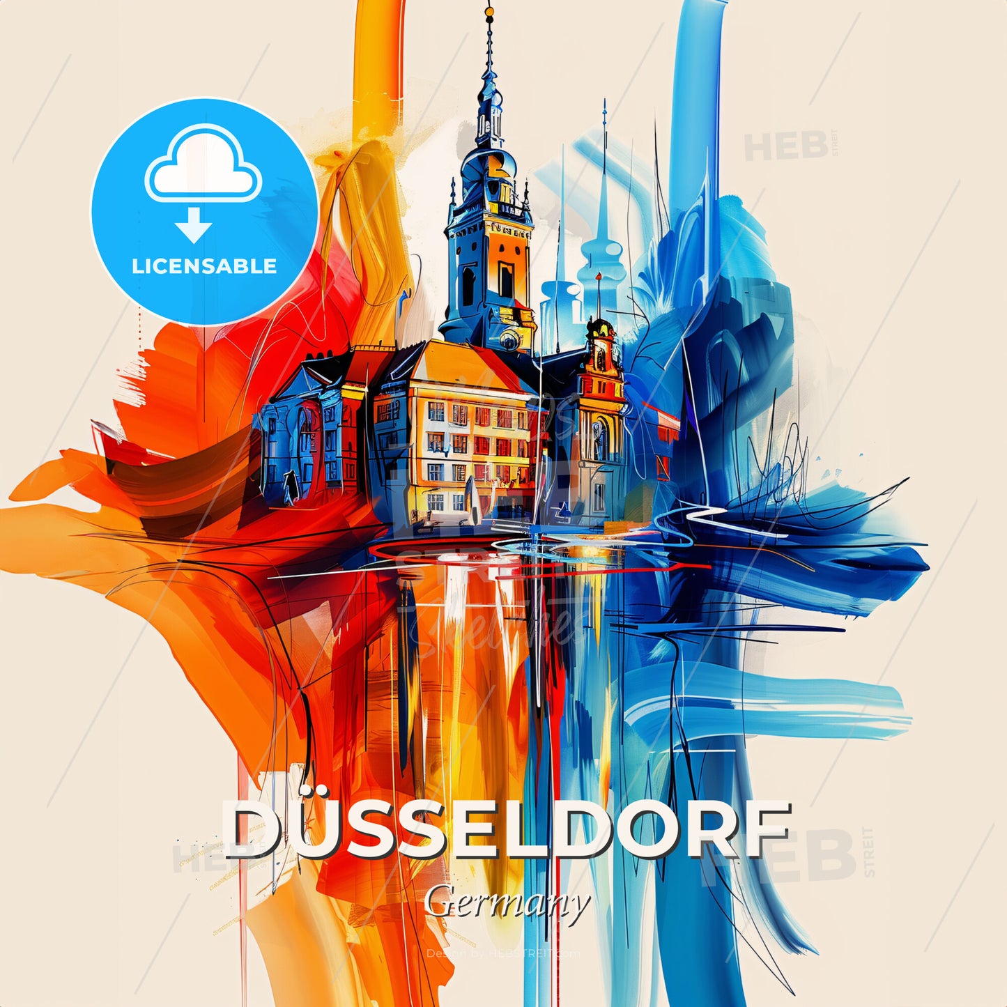 Vibrant Düsseldorf, Germany - A Painting Of A Building With A Tower And Colorful Paint - Square format print template