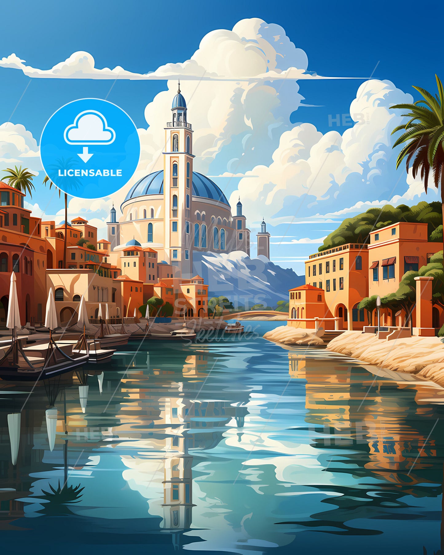 Panoramic Cityscape Painting: Dubai Skyline with Waterway, Grand Canal, and Palm Trees