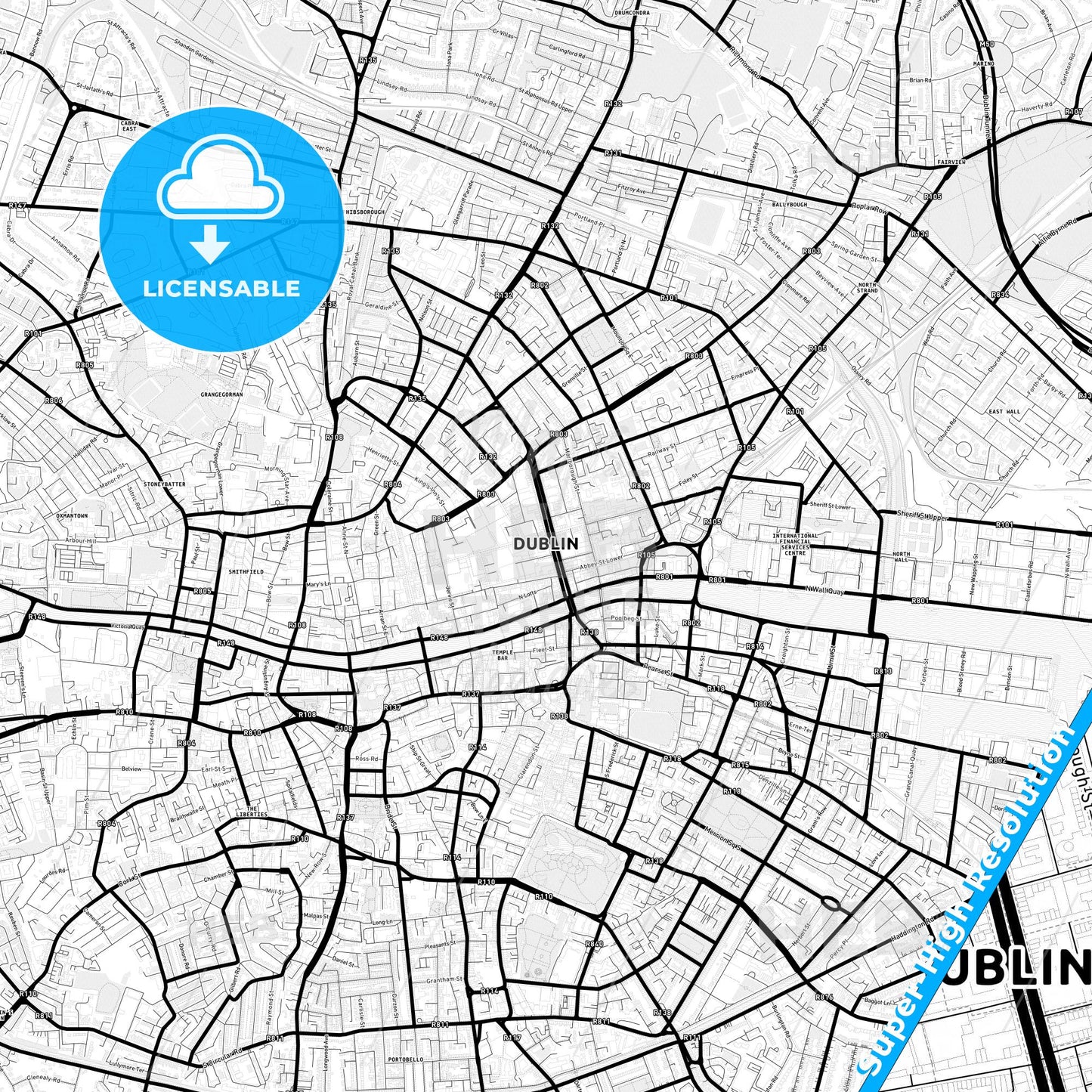 Dublin, Ireland Light Map with Street Names, City Names, and Districts